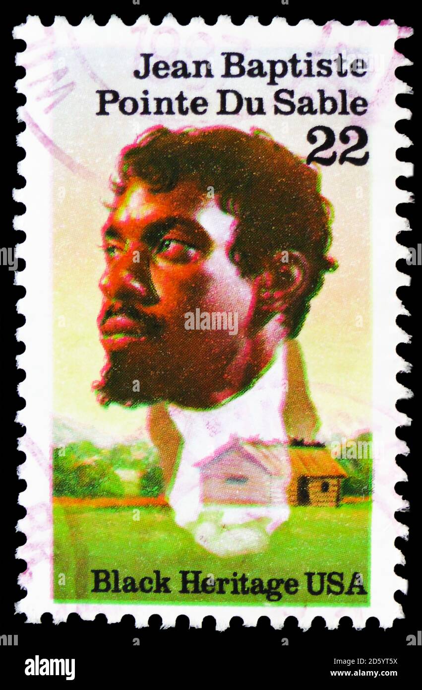 MOSKAU, RUSSLAND - 30. SEPTEMBER 2020: Briefmarke gedruckt in den Vereinigten Staaten zeigt Jean Baptiste Pointe du Sable (c. 1750-1818) Gründer von Chicago, Bla Stockfoto