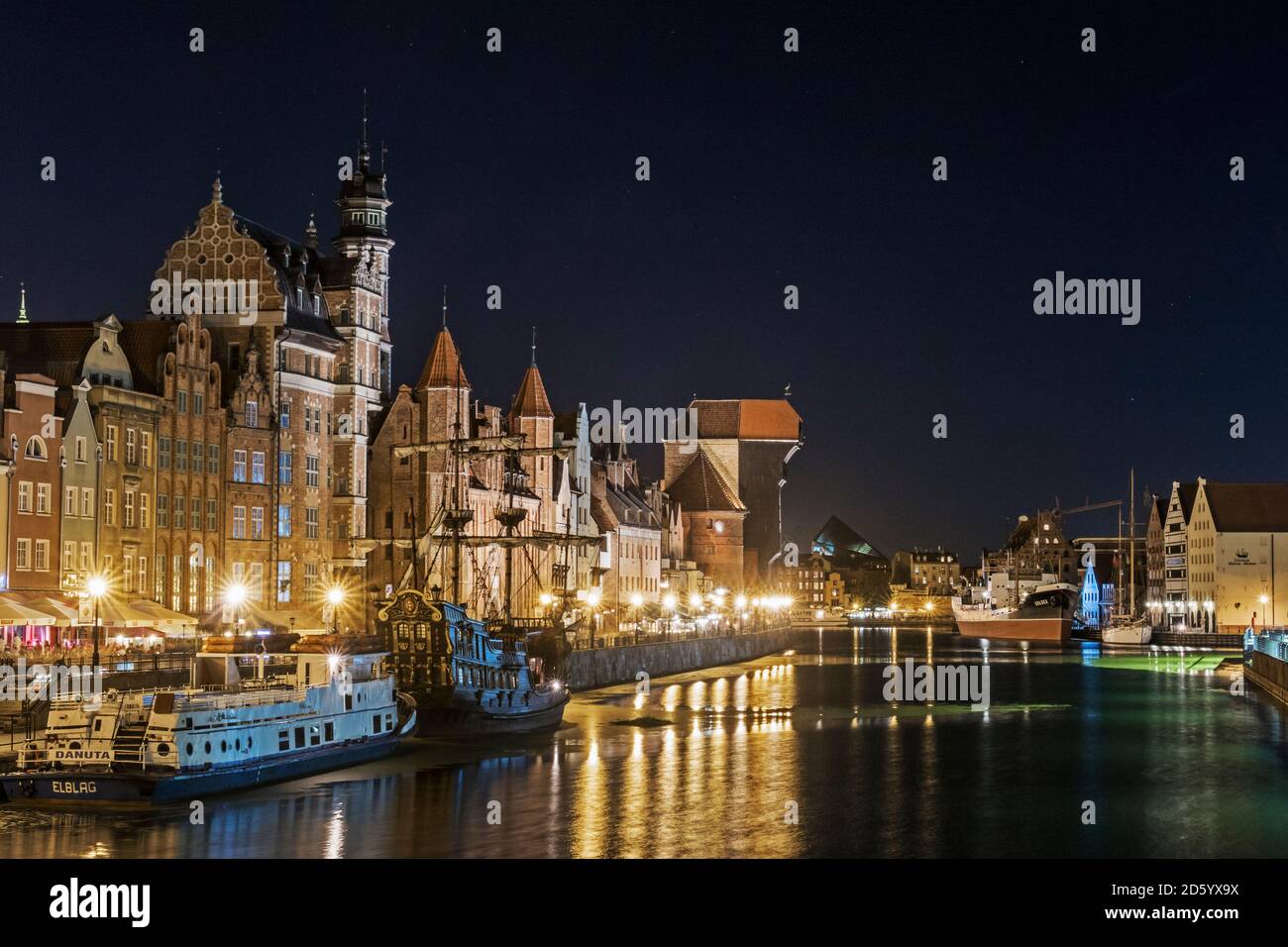 Polen, Danzig, Altstadt und Motlawa bei Nacht Stockfoto