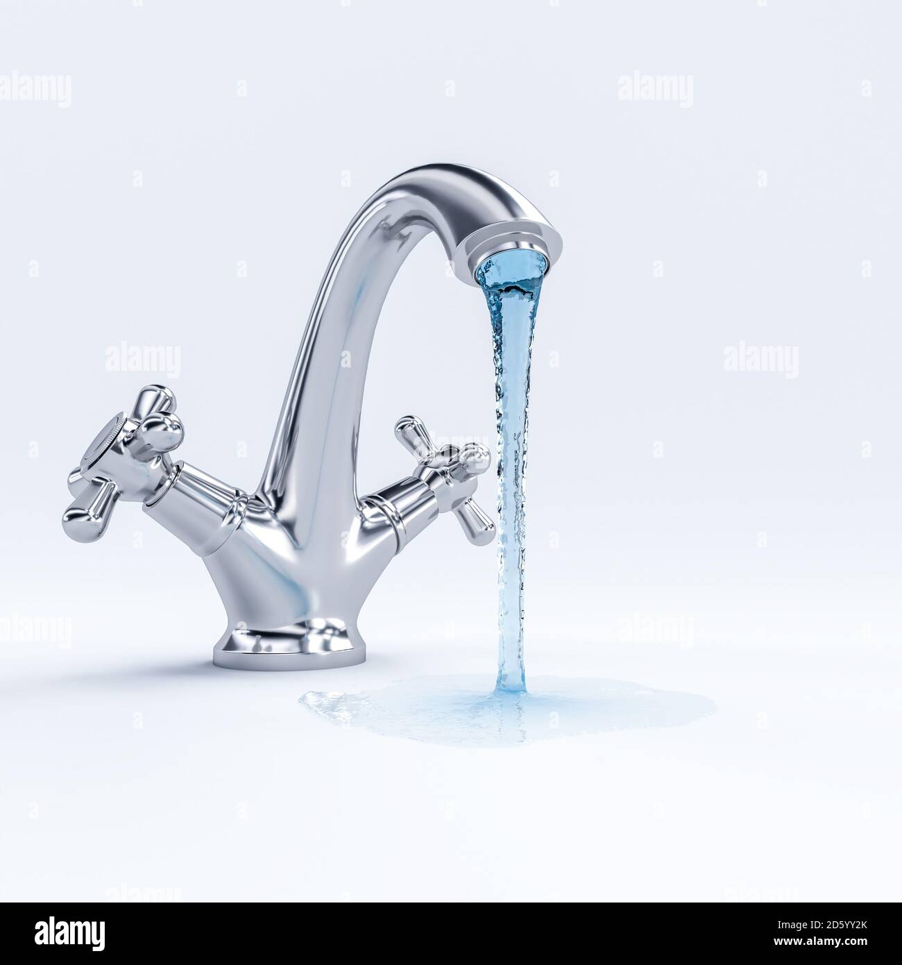 Wasserhahn mit fließendem Wasser. 3d-Rendering. Stockfoto