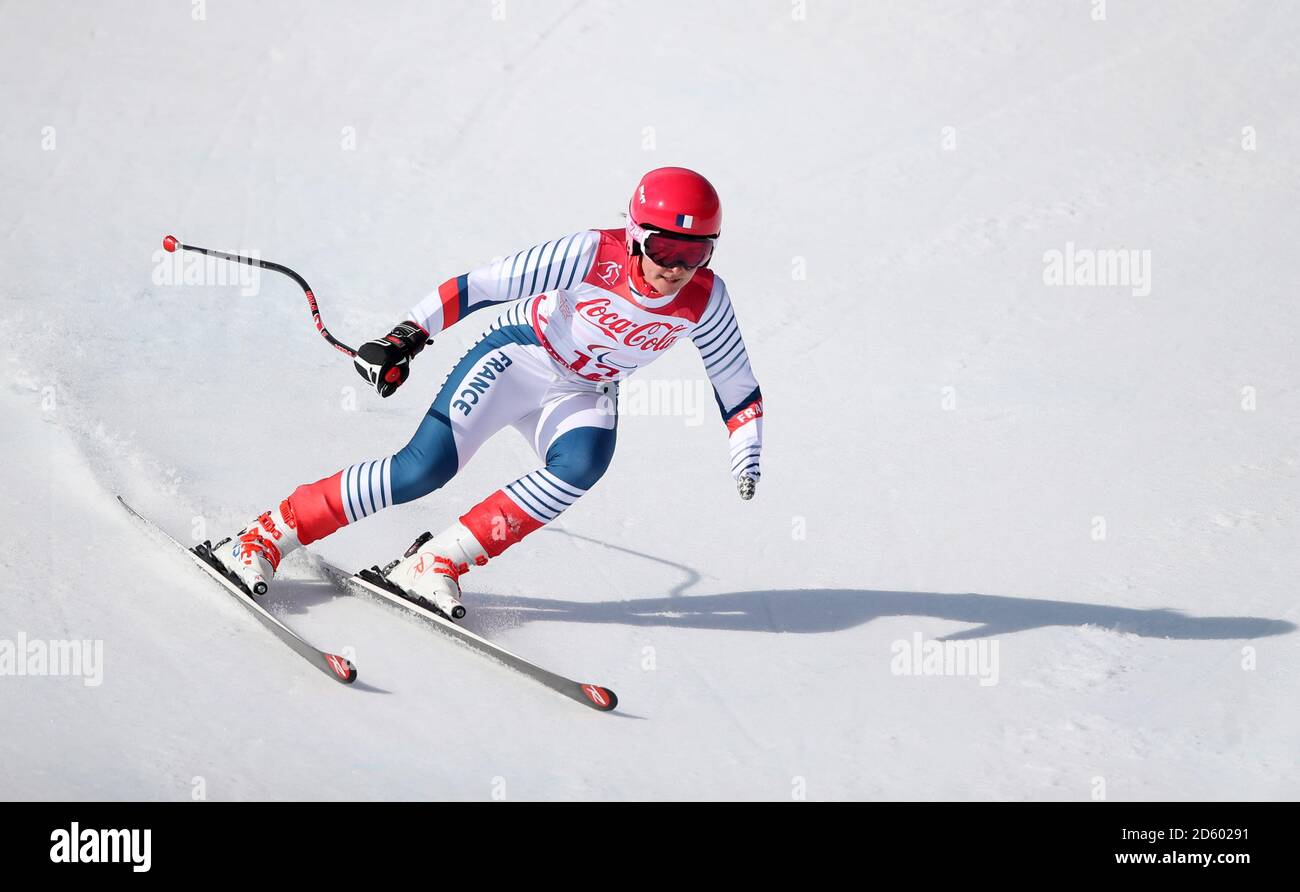 Die französische Marie Bochet tritt in der Super Combined der Frauen an und steht am vierten Tag der Winter-Paralympics in PyeongChang 2018 in Südkorea als Super G Stockfoto