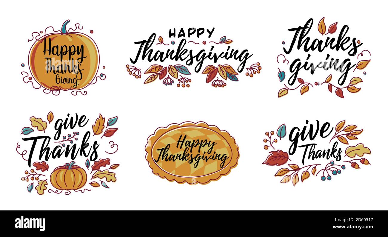 Set von Vektor Hand gezeichnet Happy Thanksgiving Typografie im Herbst Kranz Banner. Festtext mit Beeren und Blättern für Postkarte, Ikone oder Abzeichen. Stock Vektor