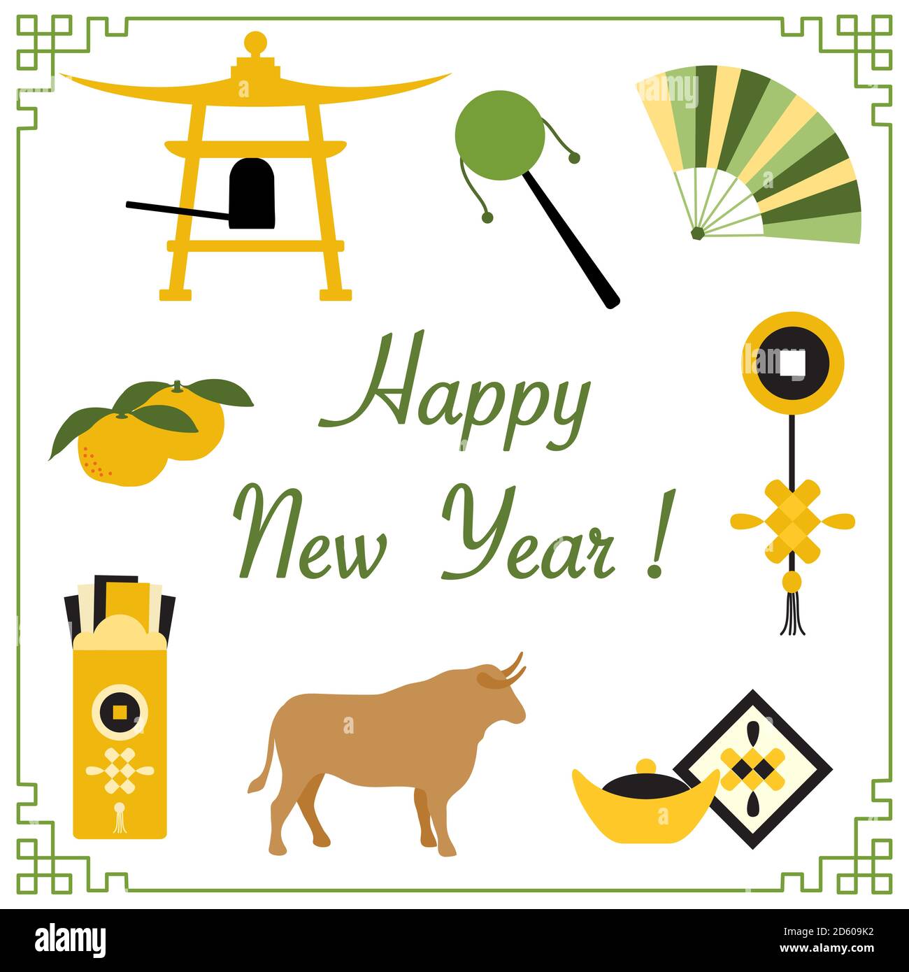 Symbole des chinesischen Neujahrs 2021 Vektor-Illustration Glocke, Rassel, Fan, Münze, Ingot, Mandarinen, Ochse, Umschlag mit Geld. Urlaubstraditionen in China. Stock Vektor