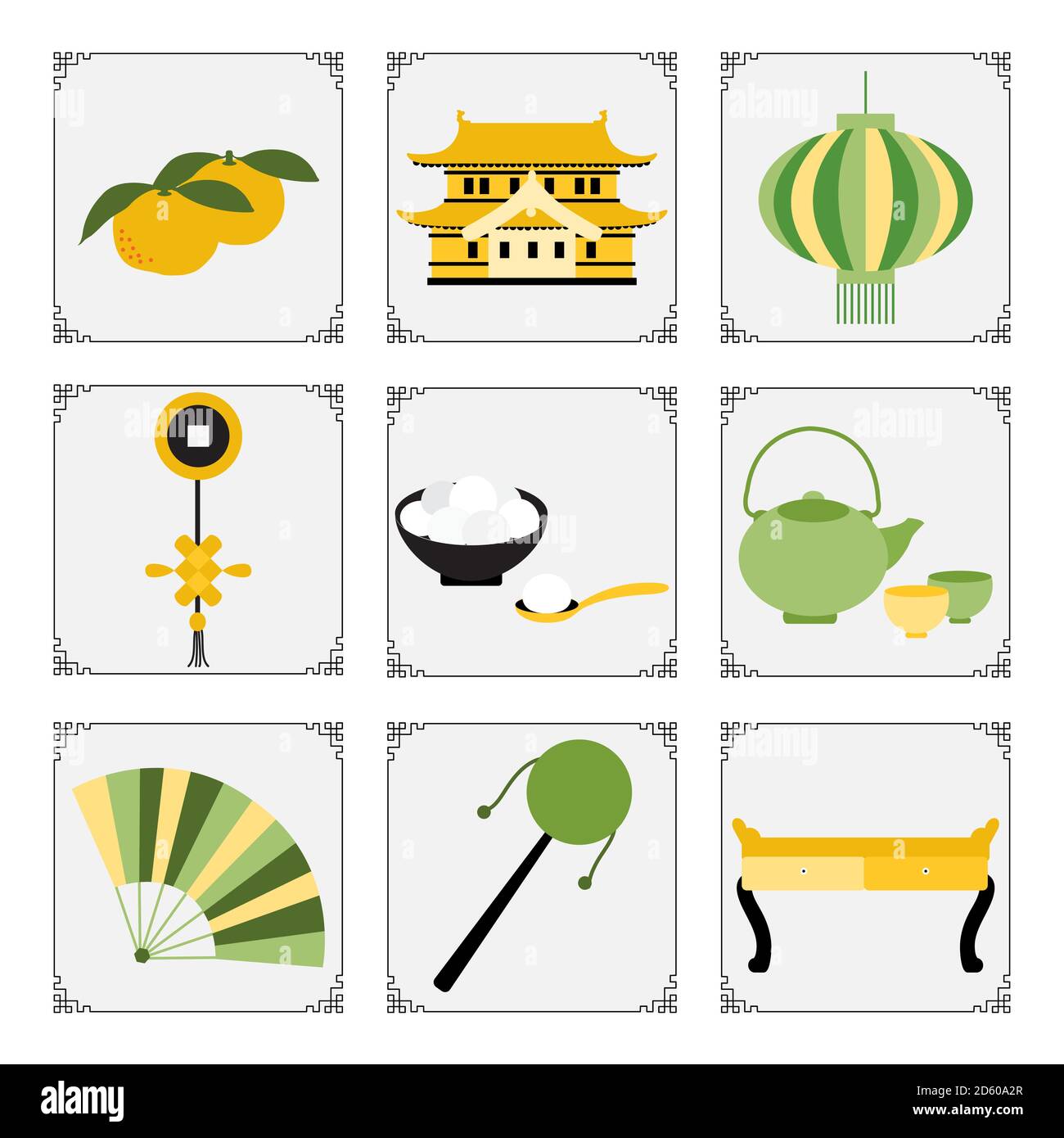 Symbole des chinesischen Neujahrs 2021 Vektor-Illustration Chinesische Laterne, Mandarinen, Rassel, Lebensmittel süß Reisbälle tangyuam, Münze, Teekanne, Tassen, Tabl Stock Vektor