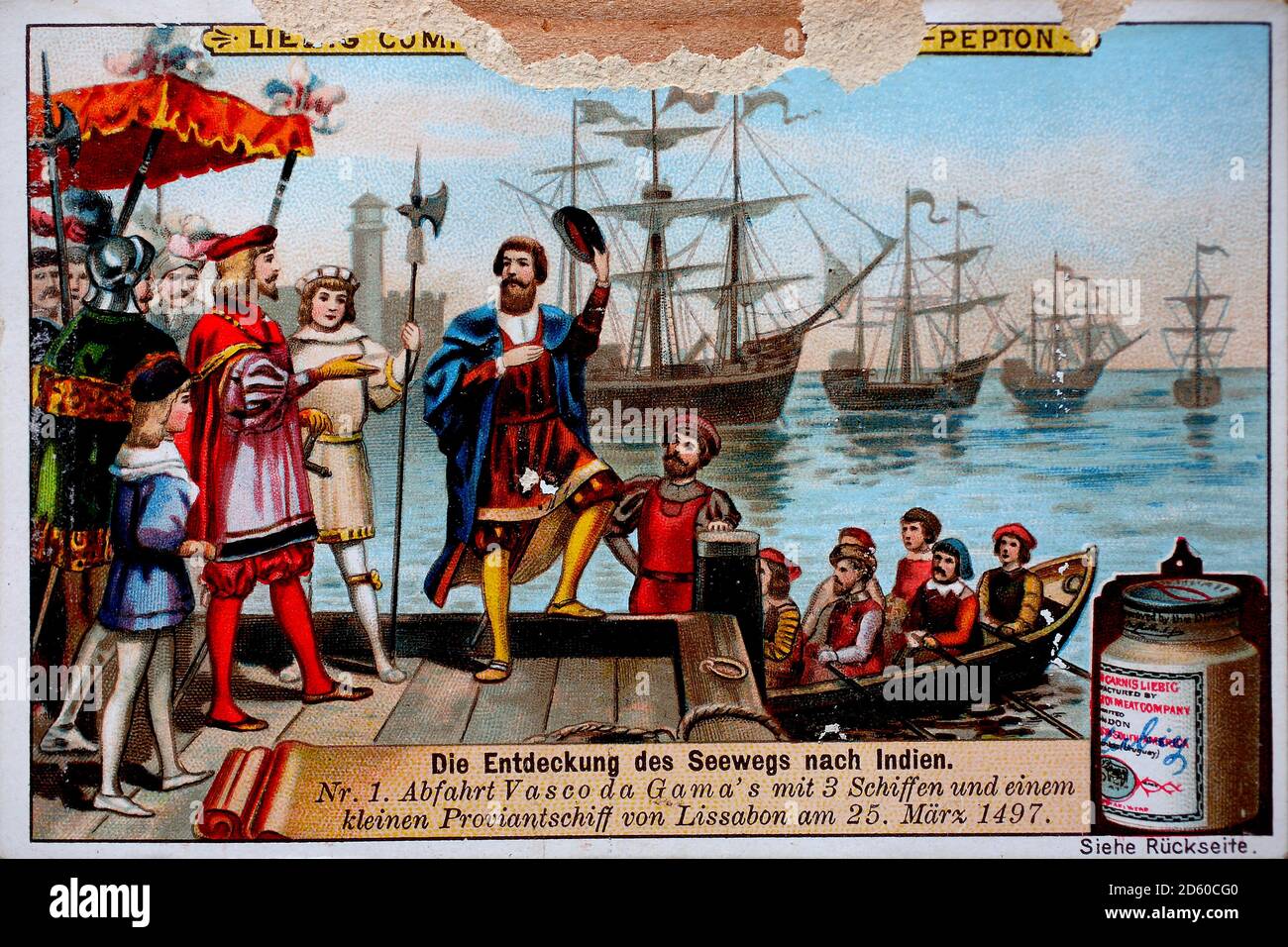 Fotoserie die Entdeckung der Seeroute nach Indien, Abfahrt von Vasco da Gama mit drei Schiffen und einer kleinen Schiffsvorräte von Lissabon am 25. März 1497 / Bilderserie die Entdeckung des Seeweges nach Indien, Abfahrt von Vasco da Gama mit drei Schiffen und einem kleinen Proviantschiff von Lissabon am 25. März 1497, Liebigbild, digital verbesserte Reproduktion eines Sammelbildes der Firma Liebig, geschätzt ab 1900, pd / digital verbesserte Produktion eines Sammelbildes von ca 1900, gemeinfrei Stockfoto