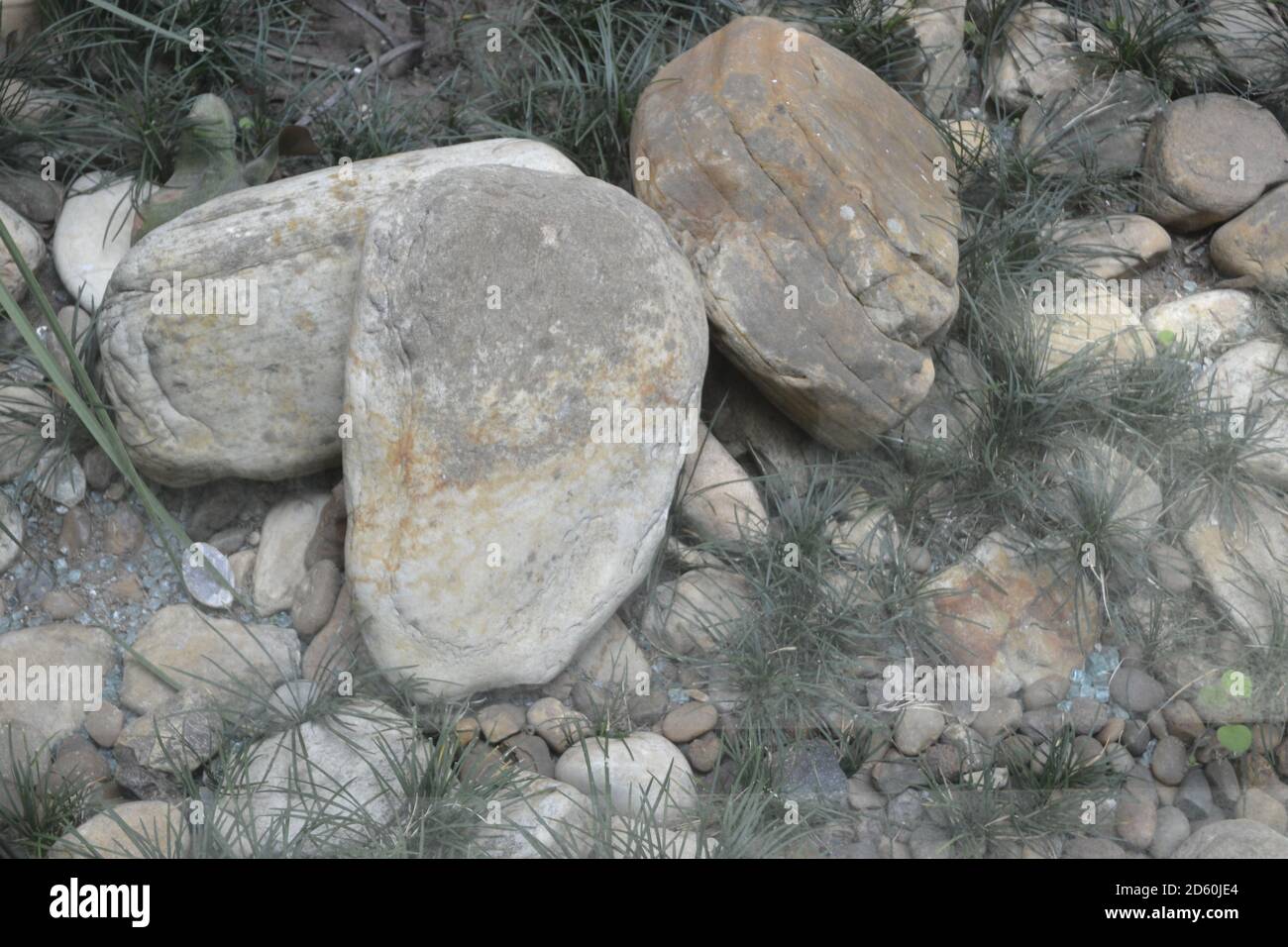 Steine, oder Felsbrocken, in verschiedenen Größen in einem Wintergarten in einer Residenz, mit trockener Vegetation um, in Makro-Foto, Hintergrund-Stil, Brasilien, Süd-A Stockfoto