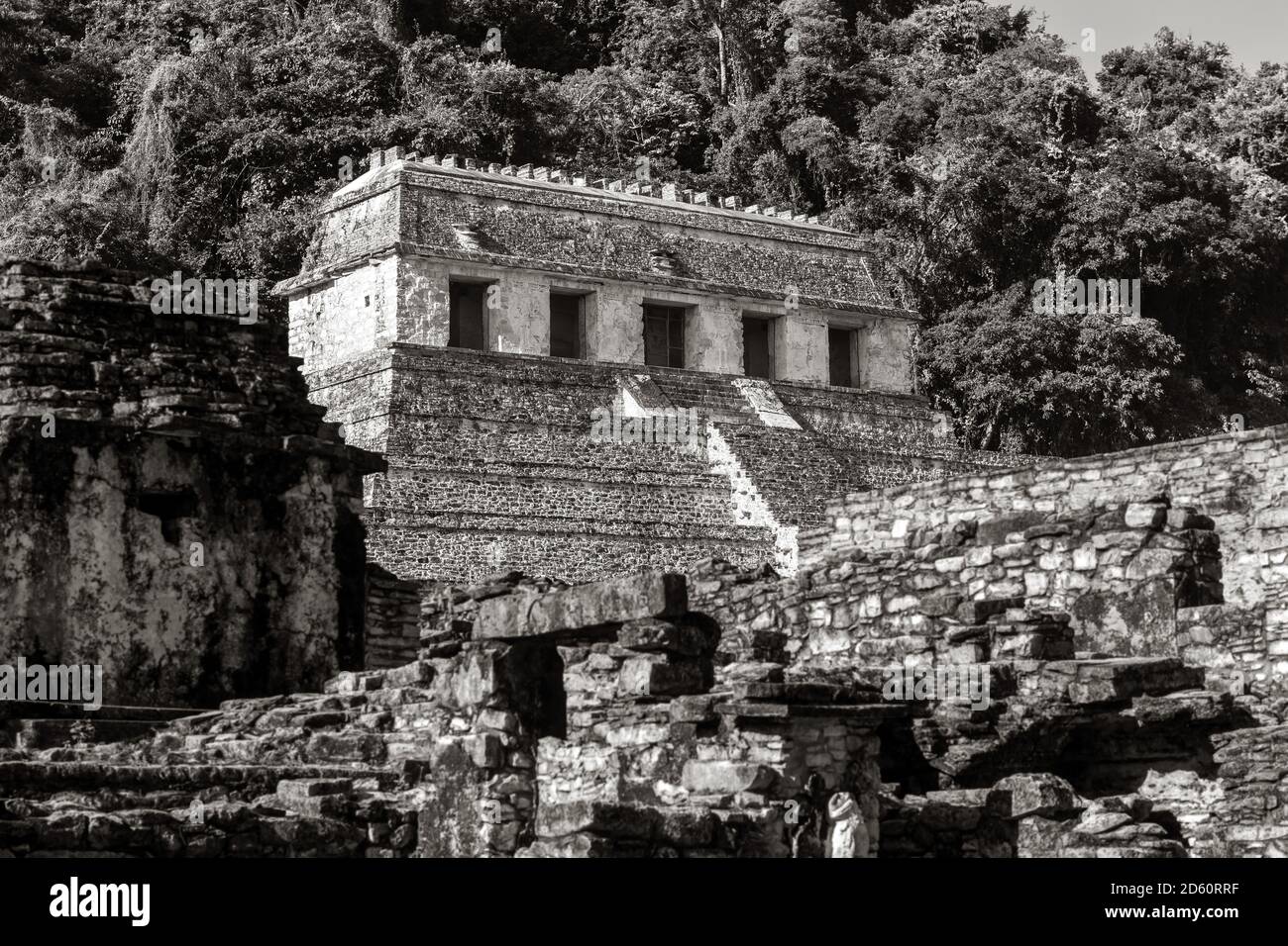 Maya Tempel der Inschriften in schwarz und weiß, Palenque, Chiapas Regenwald, Mexiko. Stockfoto