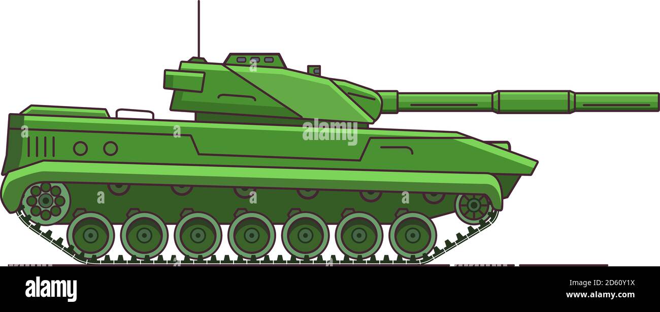 Army Tank. Gepanzertes Fahrzeug. Militärisches Artilleriefahrzeug. Grafik-Vektor mit flacher Linie. Stock Vektor