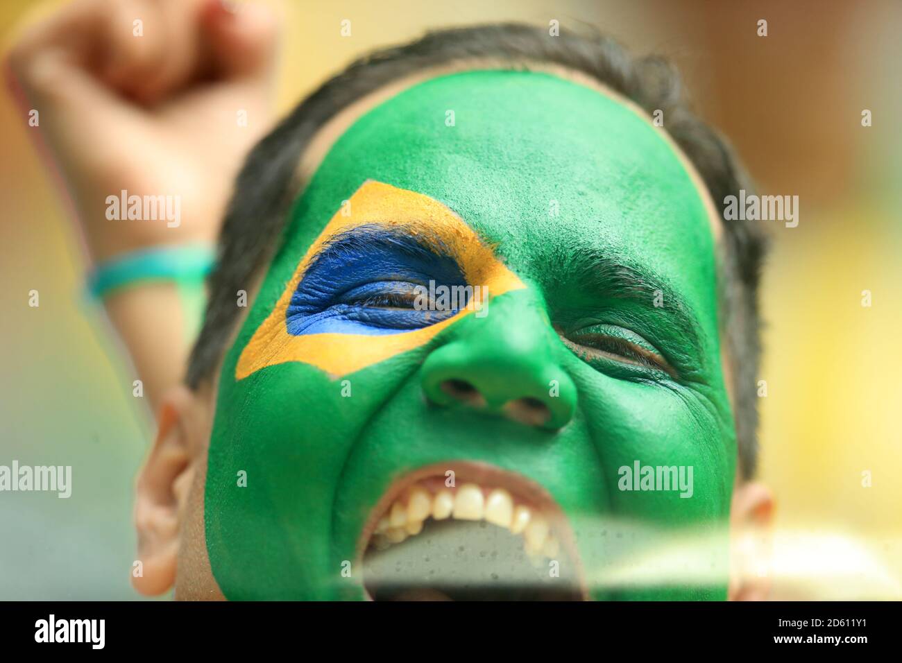 Ein Brasilien-Fan zeigt seine Unterstützung auf den Tribünen Stockfoto