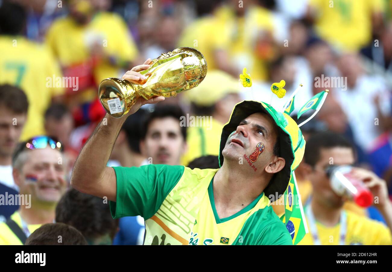Ein Brasilien-Fan zeigt seine Unterstützung auf den Tribünen Stockfoto