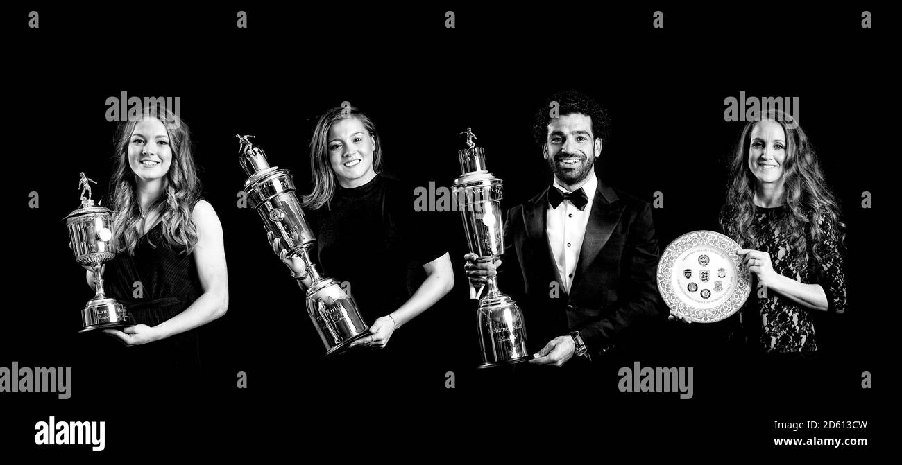 *EIN Verbund aus vier Bildern* L-R: Lauren Hemp mit dem PFA Young Female Player of the Year Award, Fran Kirby mit dem PFA Female Player of the Year Award, Mohamed Salah mit dem PFA Player of the Year Award und Casey Stoney mit dem PFA Special Achievement Award Stockfoto