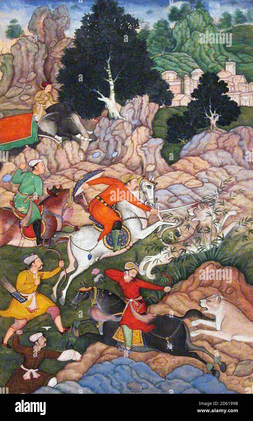 Akbar der große. Gemälde mit dem Titel "Akbar Hunting", zeigt den dritten Moghul-Kaiser Abu'l-Fath Jalal-ud-din Muhammad Akbar (1542-1605). Aus einer illustrierten Handschrift der Akbarnama, der Chronik des Lebens von Kaiser Akbar, Ende des 16. Jahrhunderts Stockfoto