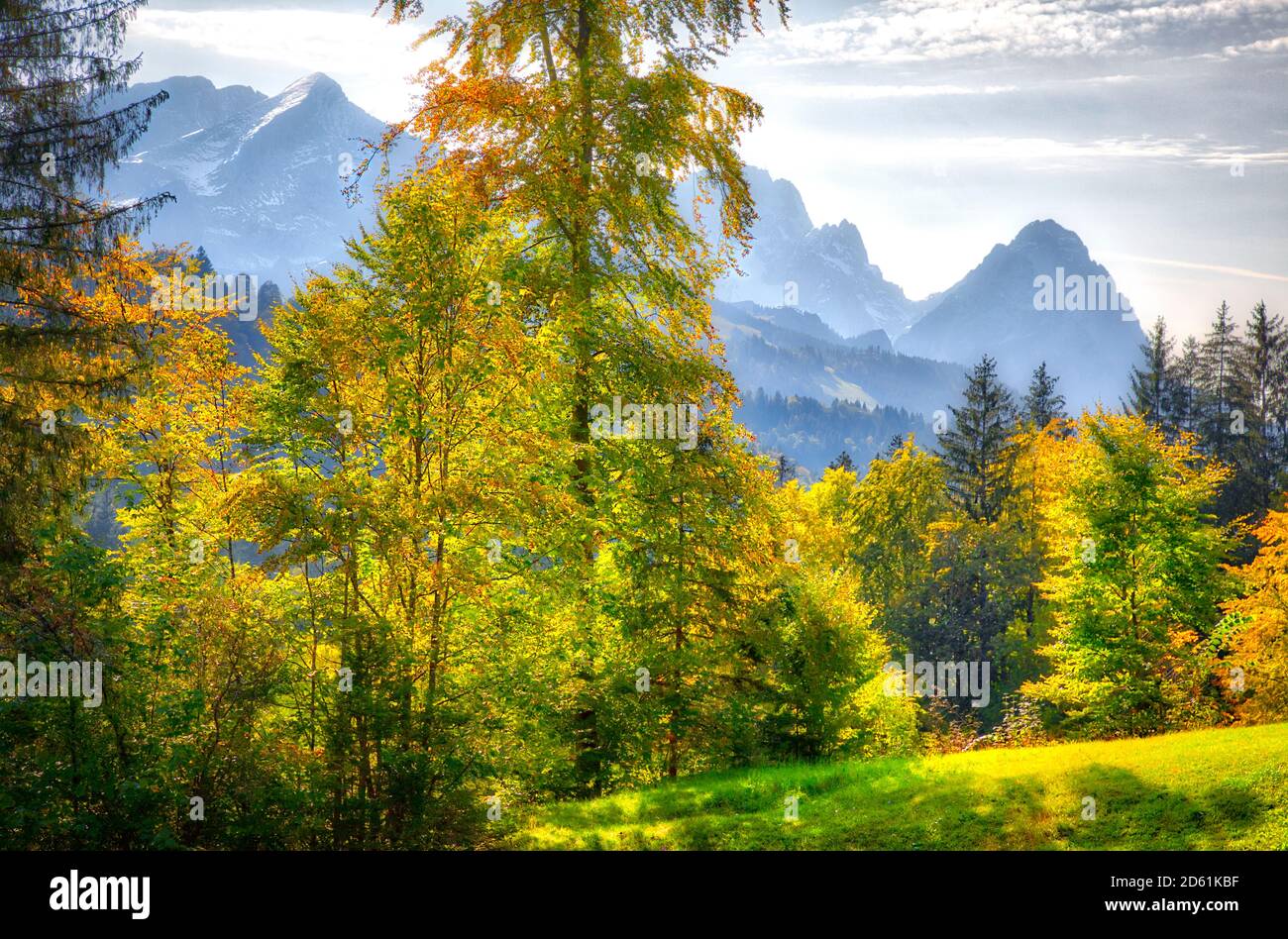 DE - BAVARIA: Alpenszene bei Garmisch-Partenkirchen mit Alpspitze, Zugspitze und Waxenstein im Hintergrund. (HDR-Bild) Stockfoto
