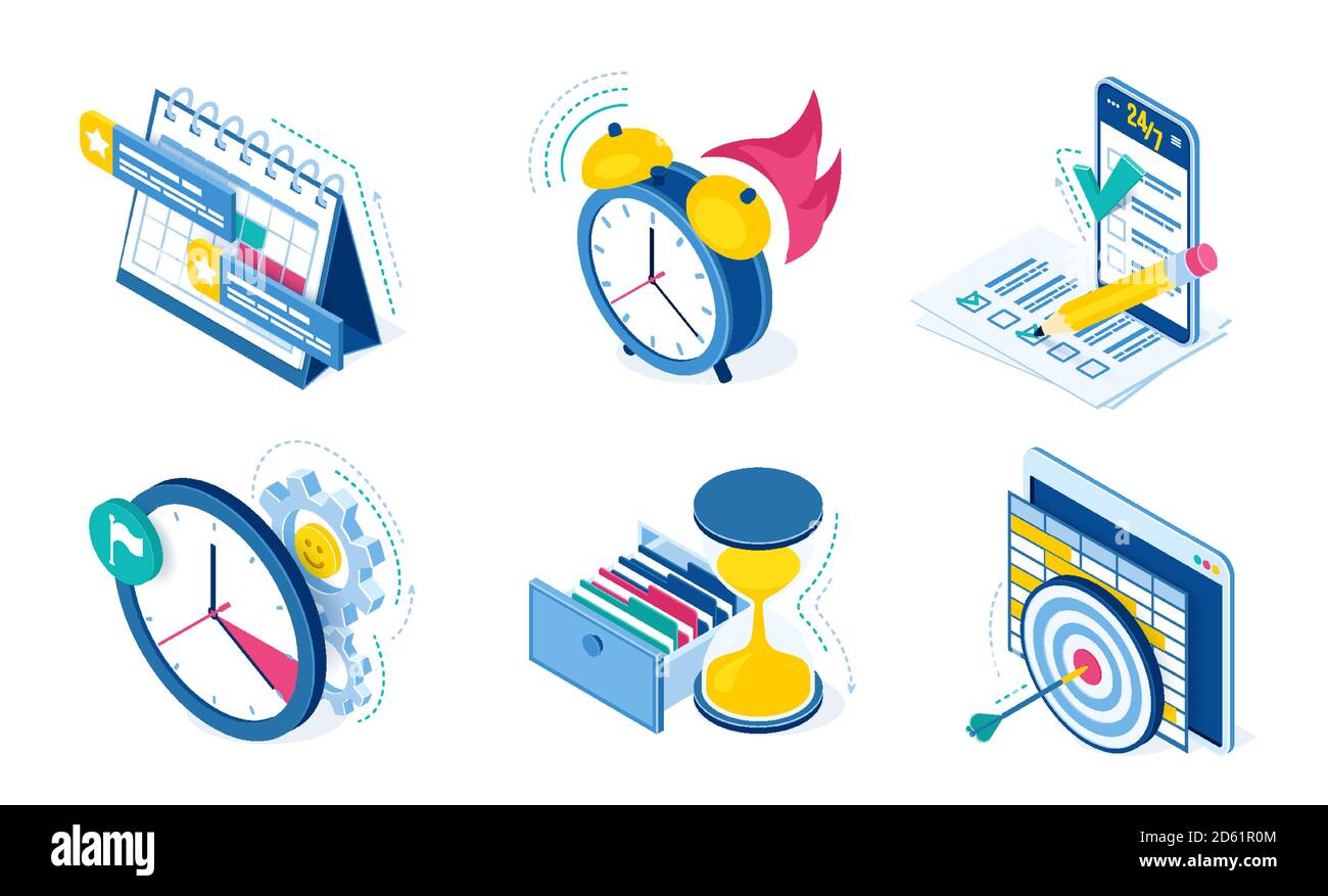 Aufgaben- und Zeitmanagement-Symbole mit Uhr, Kalender, Checkliste und Smartphone auf weißem 