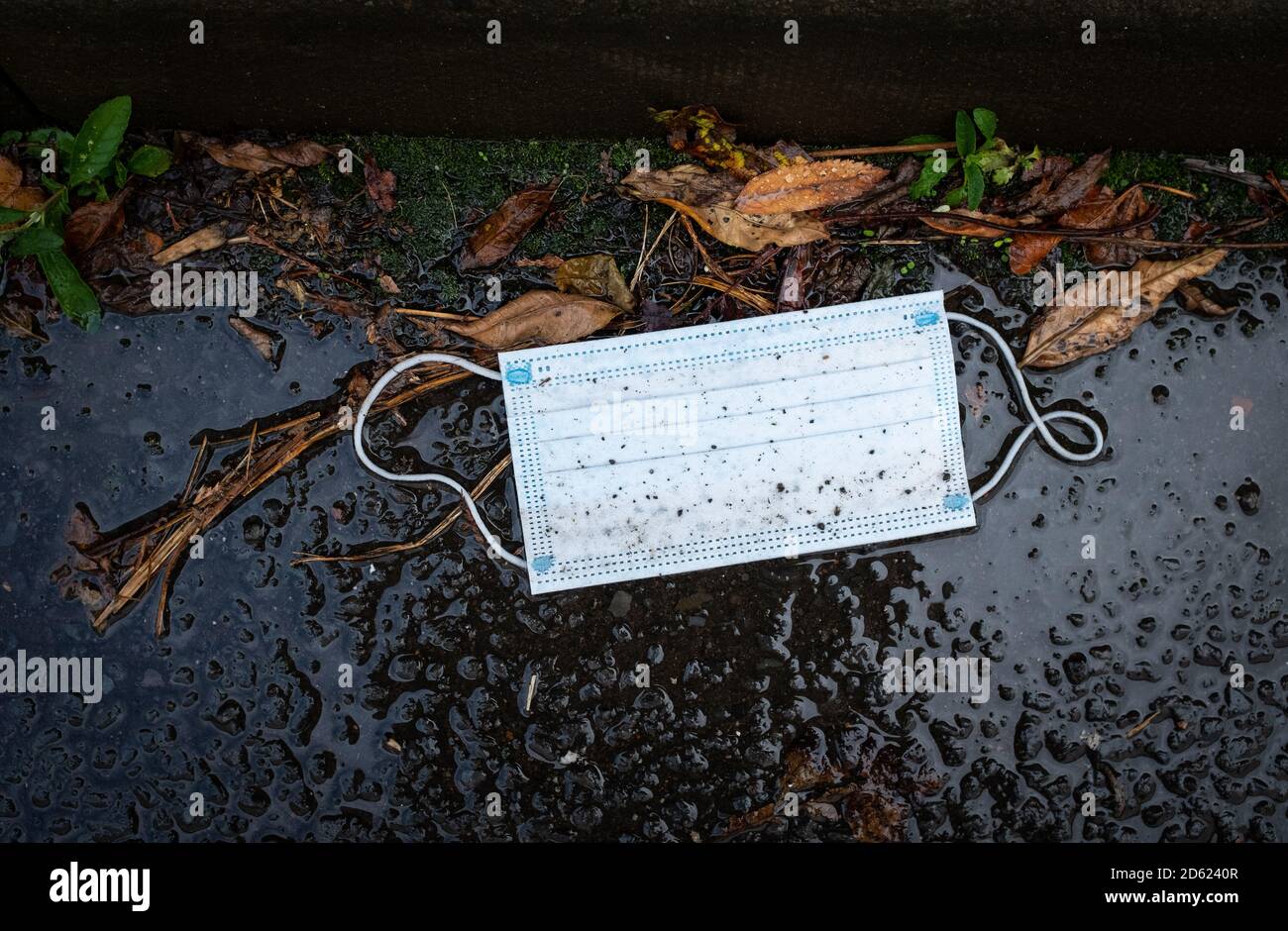 Einweg-Gesichtsmaske auf dem Boden an einem nassen und elenden Tag in Schottland, Oktober 2020 liegen gelassen. Stockfoto