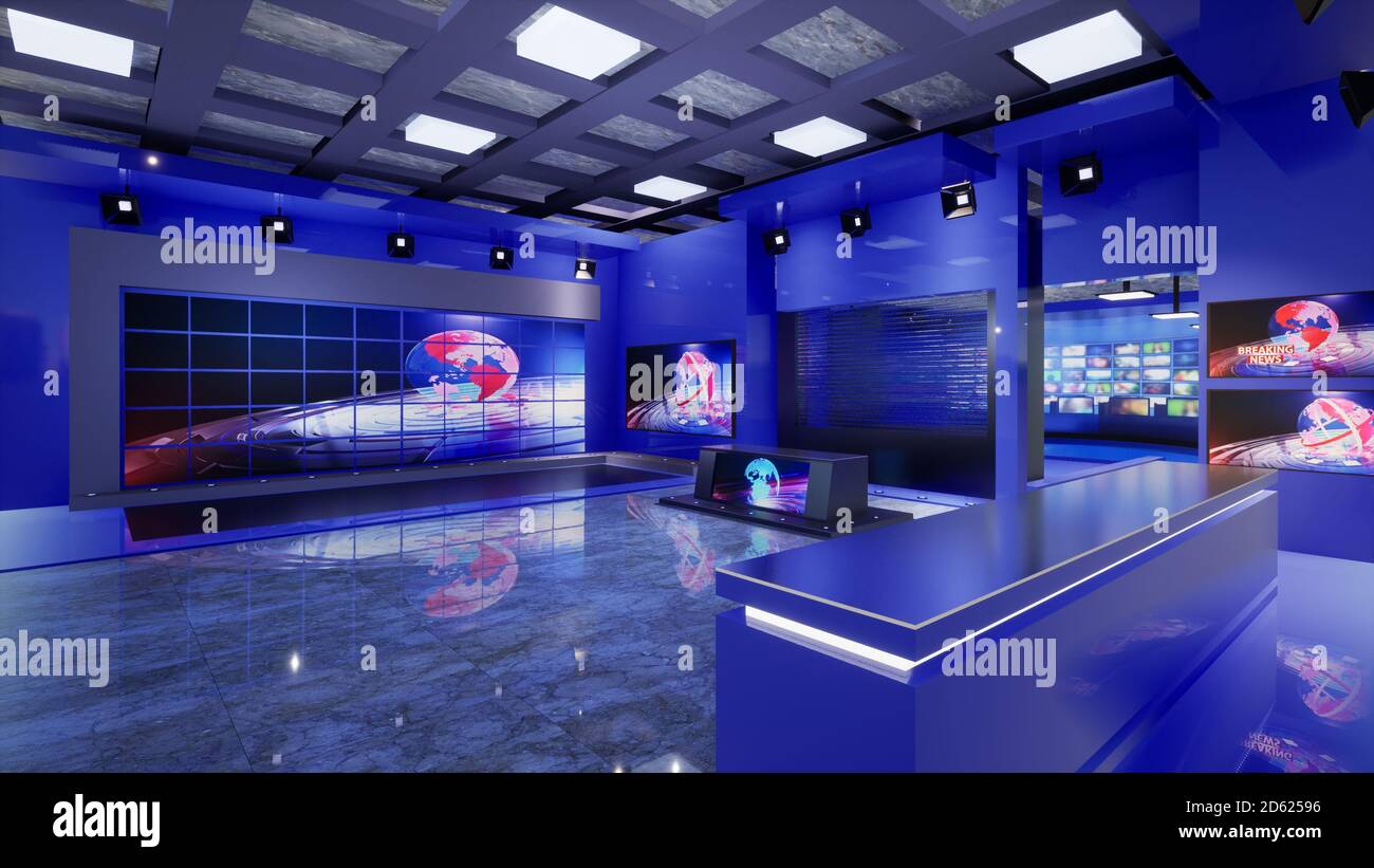 News Studio, Hintergrund für TV-Shows .TV auf Wall,3D Virtual News Studio Hintergrund, 3D Illustration Stockfoto
