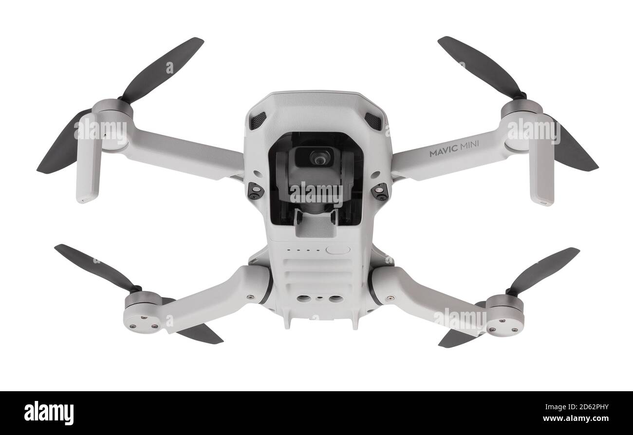 dji mavic Mini Drohnenweg isoliert auf weißer Bodenansicht Stockfoto