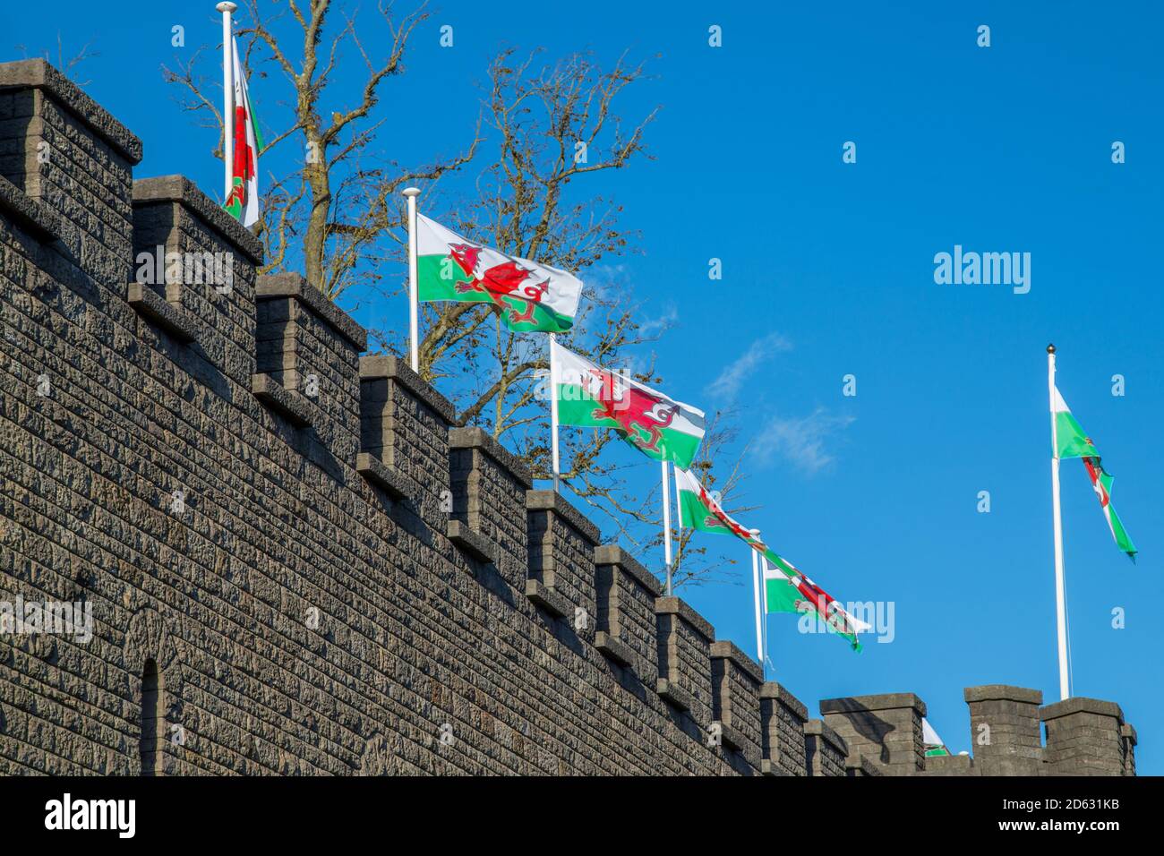 Walisische Flaggen fliegen über Cardiff Castle, Wales Stockfoto