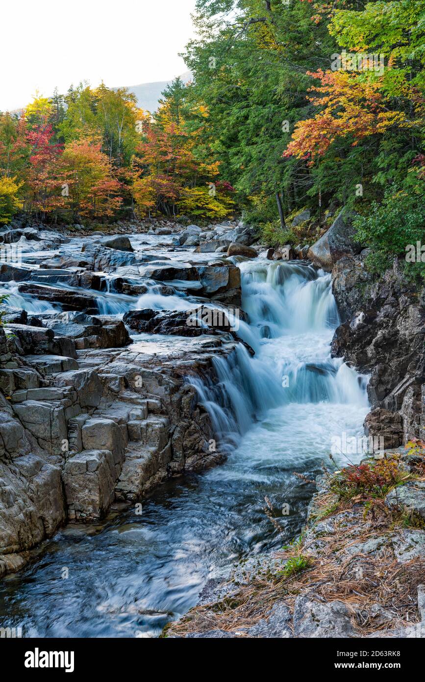 Der Herbst umfasst die Rocky Gorge Falls am Swift River, White Mountain National Forest, New Hampshire Stockfoto