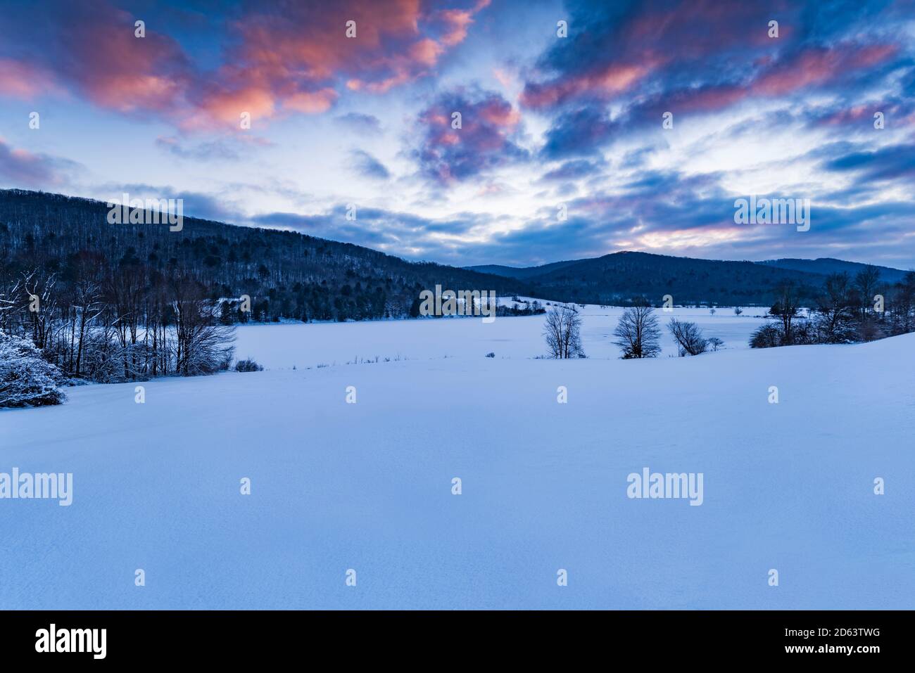 Morgengrauen bricht auf einem verschneiten Quaker Lake Allegany State Park, Cattaraugus County, New York Stockfoto