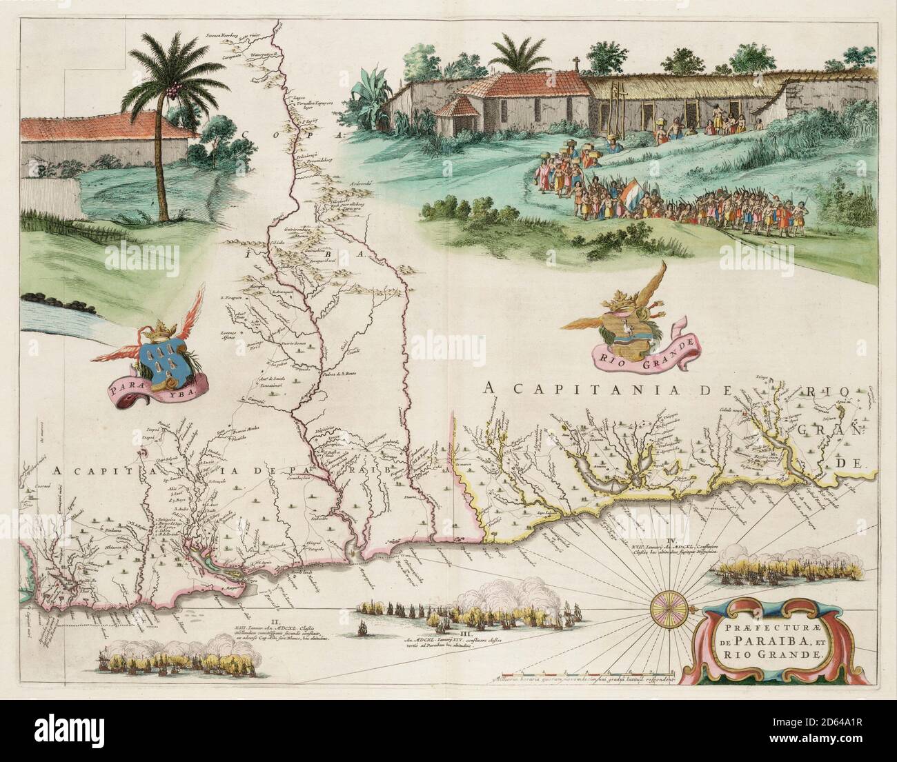 Titel: Karte von Paraíba und Rio Grande Ersteller: Georg Marcgraf (Landvermesser / Kartenmacher),Frans Post (nachkopiert), Joan Blaeu (Verlag) Datum: 1647 Maße: 41 x 53 cm Medium: Kupferstich Standort: Koninklijke Bibliotheek Stockfoto Titel: Karte von Paraíba und Rio Grande Ersteller: Georg Marcgraf (Landvermesser / Kartenmacher),Frans Post (nachkopiert), Joan Blaeu (Verlag) Datum: 1647 Maße: 41 x 53 cm Medium: Kupferstich Standort: Koninklijke Bibliotheek Stockfoto