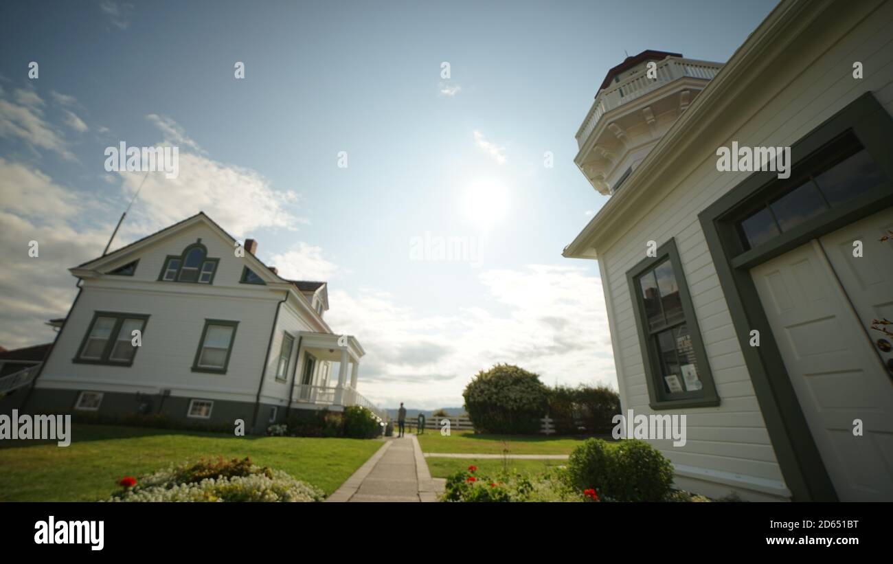 Mukilteo, Washington, USA-7/06/19: Der Mukilteo Leuchtturm aus Washington State; dieser historische Leuchtturm blickt auf den Puget Sound. Stockfoto