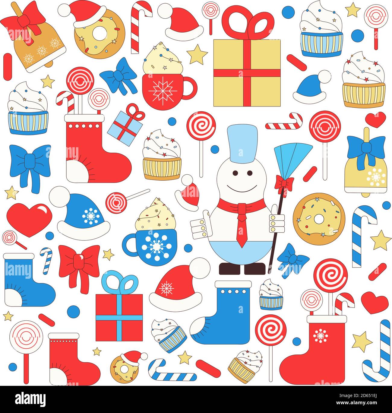 Flat Line Weihnachts- und Neujahrs-Ikonen-Set. Es ist Vector Set Modern Line Icons für Web und Mobile. Winter Season Icons Kollektion. Rot Gelb A Stock Vektor