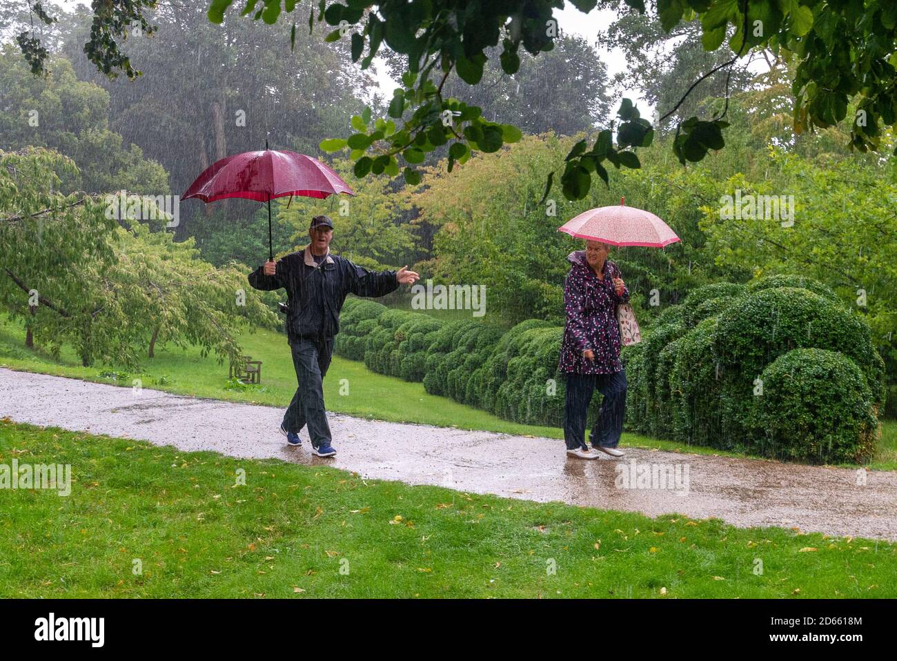 Paar im Regen mit Regenschirmen, tanzt er im Regen Stockfoto