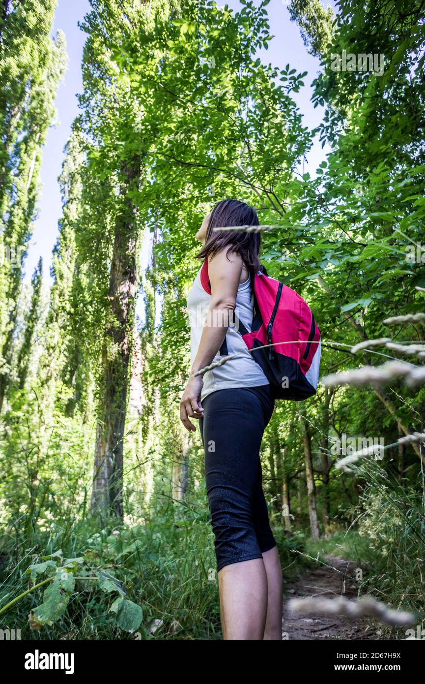 Vertikale Low-Angle-Aufnahme einer Wanderin mit einem Rucksack umgeben von üppigem Grün Stockfoto