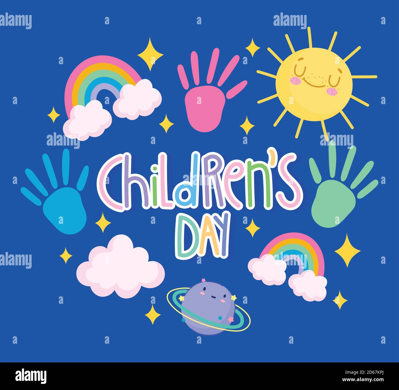 Kinder Tag, farbige Hand geschrieben Schriftzug Handdrucke Regenbogen Wolken Sonne Cartoon Vektor Illustration Stock Vektor