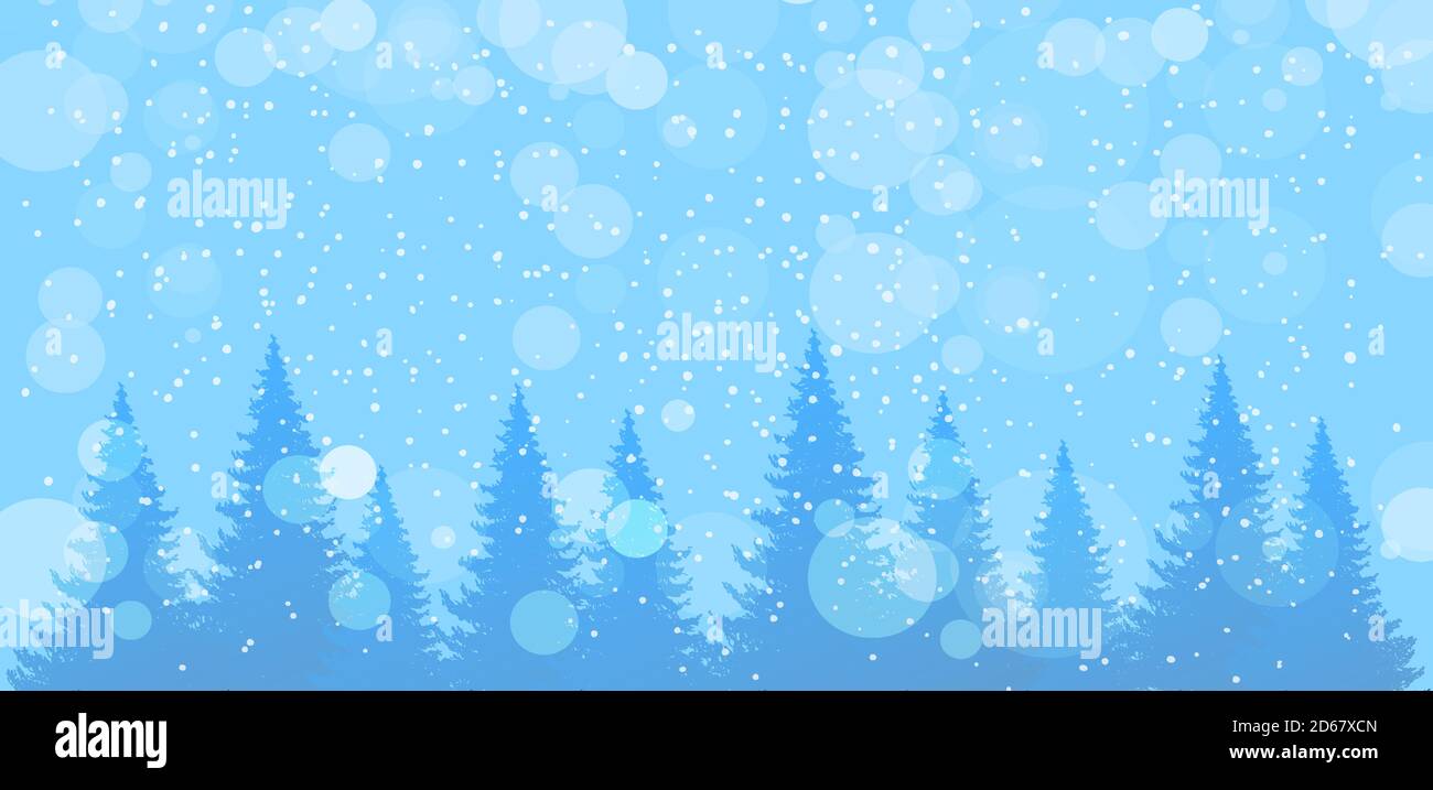 Schneefall im Winterwald. Moderner saisonaler Hintergrund, blaues Banner mit Kopierfläche. Landschaft mit Pinien und Tannen, verschneiten Himmel. Vektorgrafik Stock Vektor