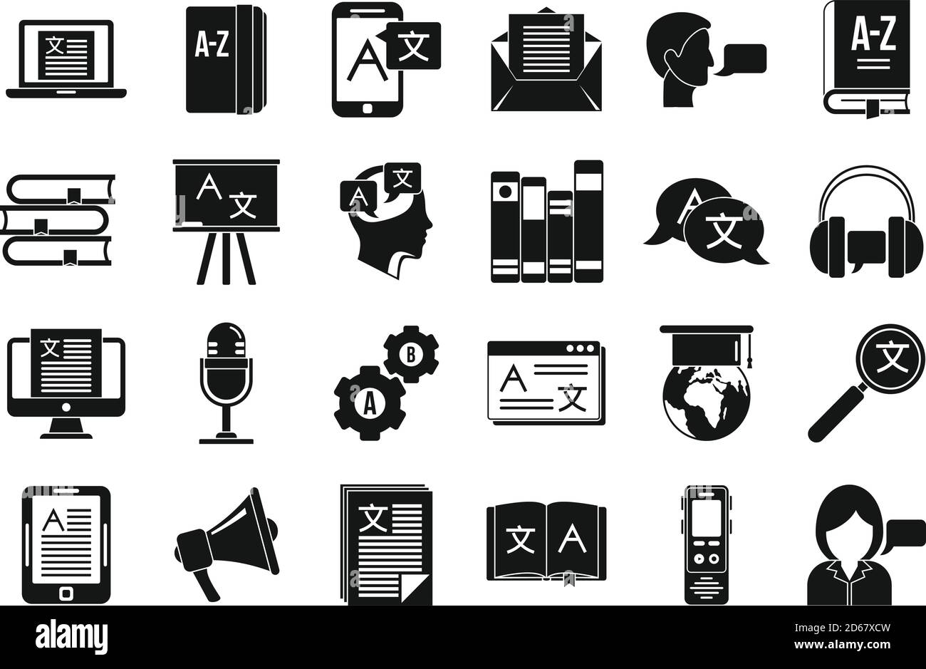 Linguist übersetzen Symbole gesetzt. Einfache Satz von Linguisten übersetzen Vektor-Symbole für Web-Design auf weißem Hintergrund Stock Vektor