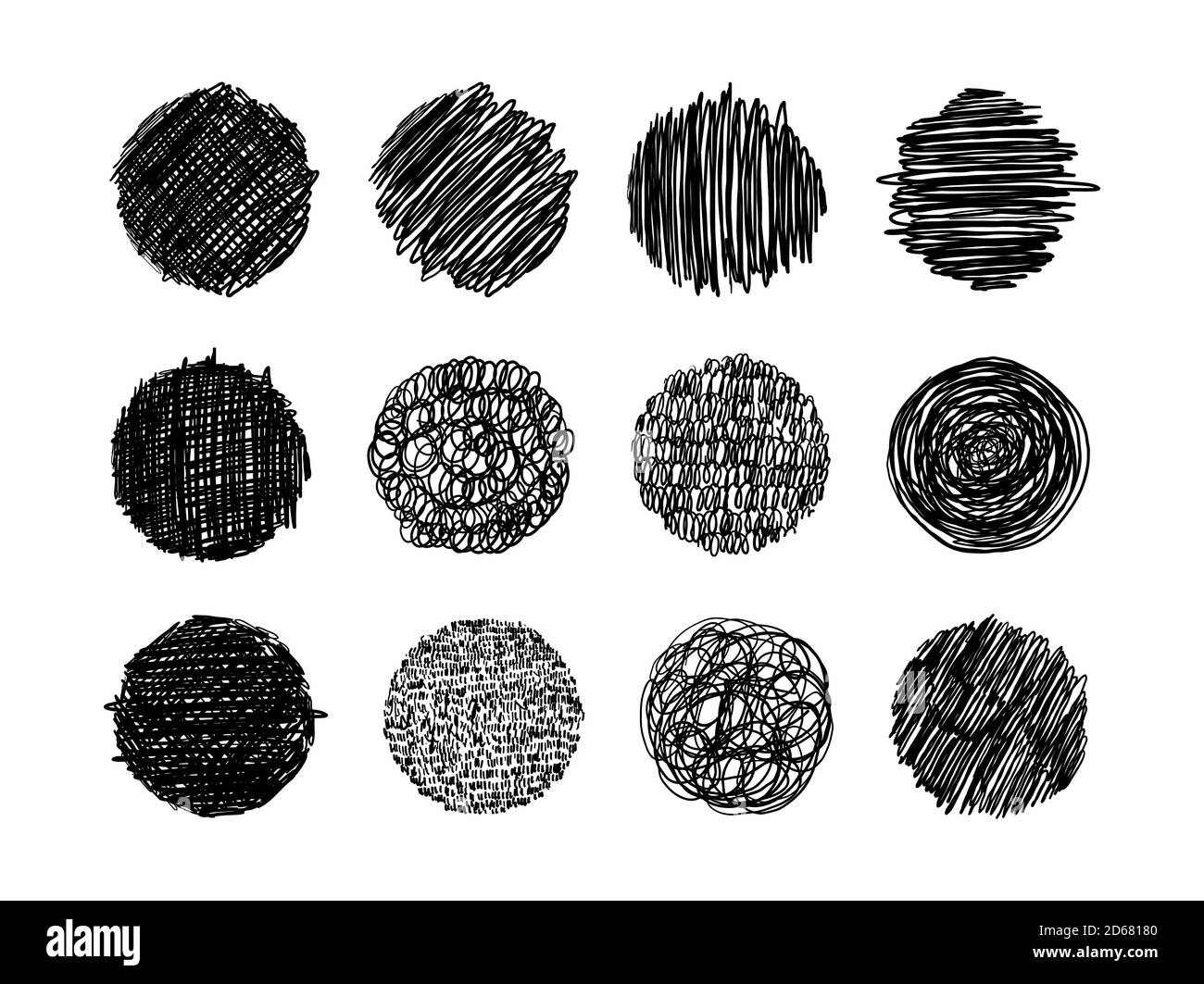 Satz Grunge Texturen in Bleistift, Stift. Dünne Linie Scribbles, Kreise mit verschiedenen Schattierungen, Gravur. Ein Satz von runden Formen mit freien Linien für Design. Vektorgrafik Stock Vektor