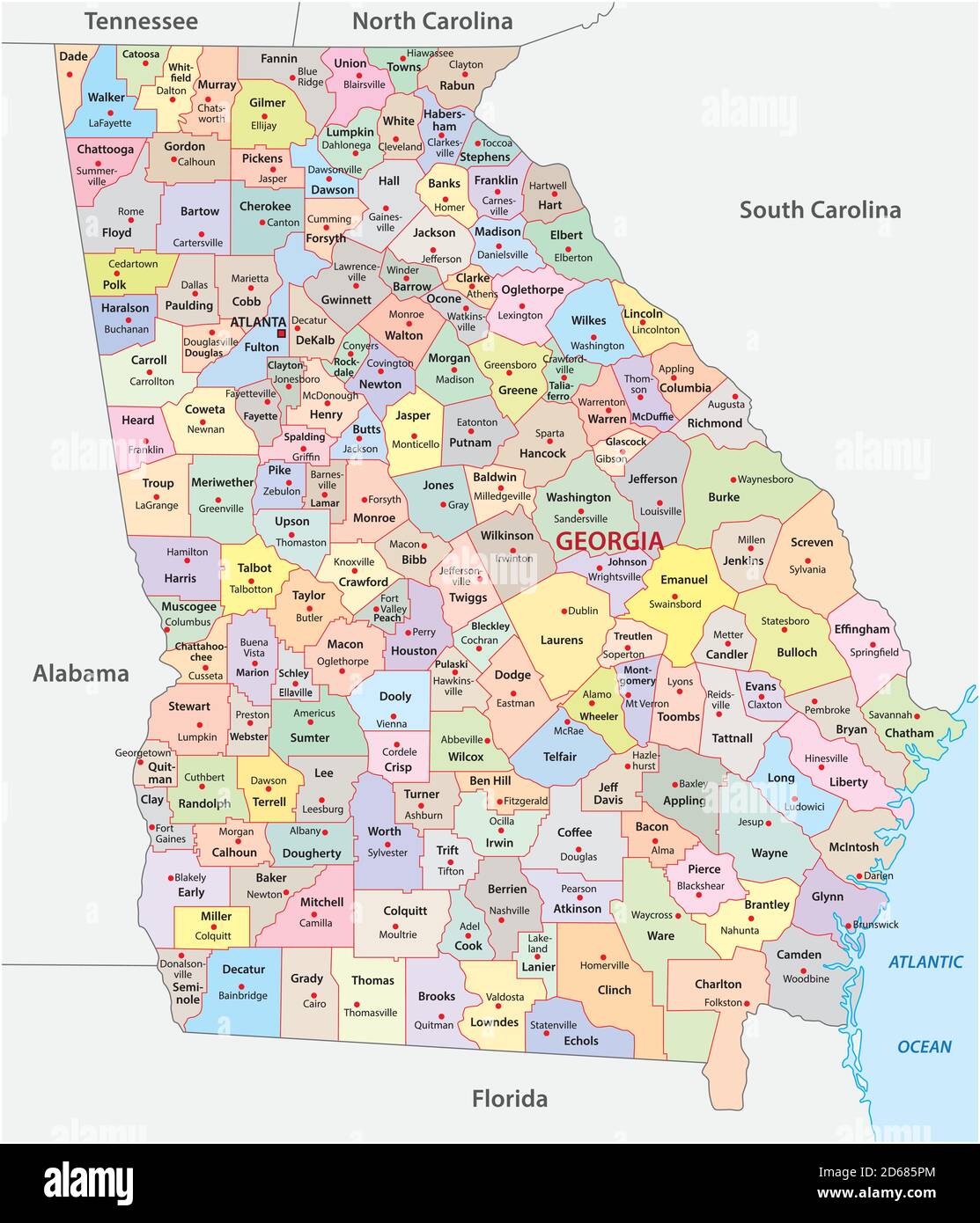 Administrative Vektorkarte des US-amerikanischen Staates Georgia Stock Vektor