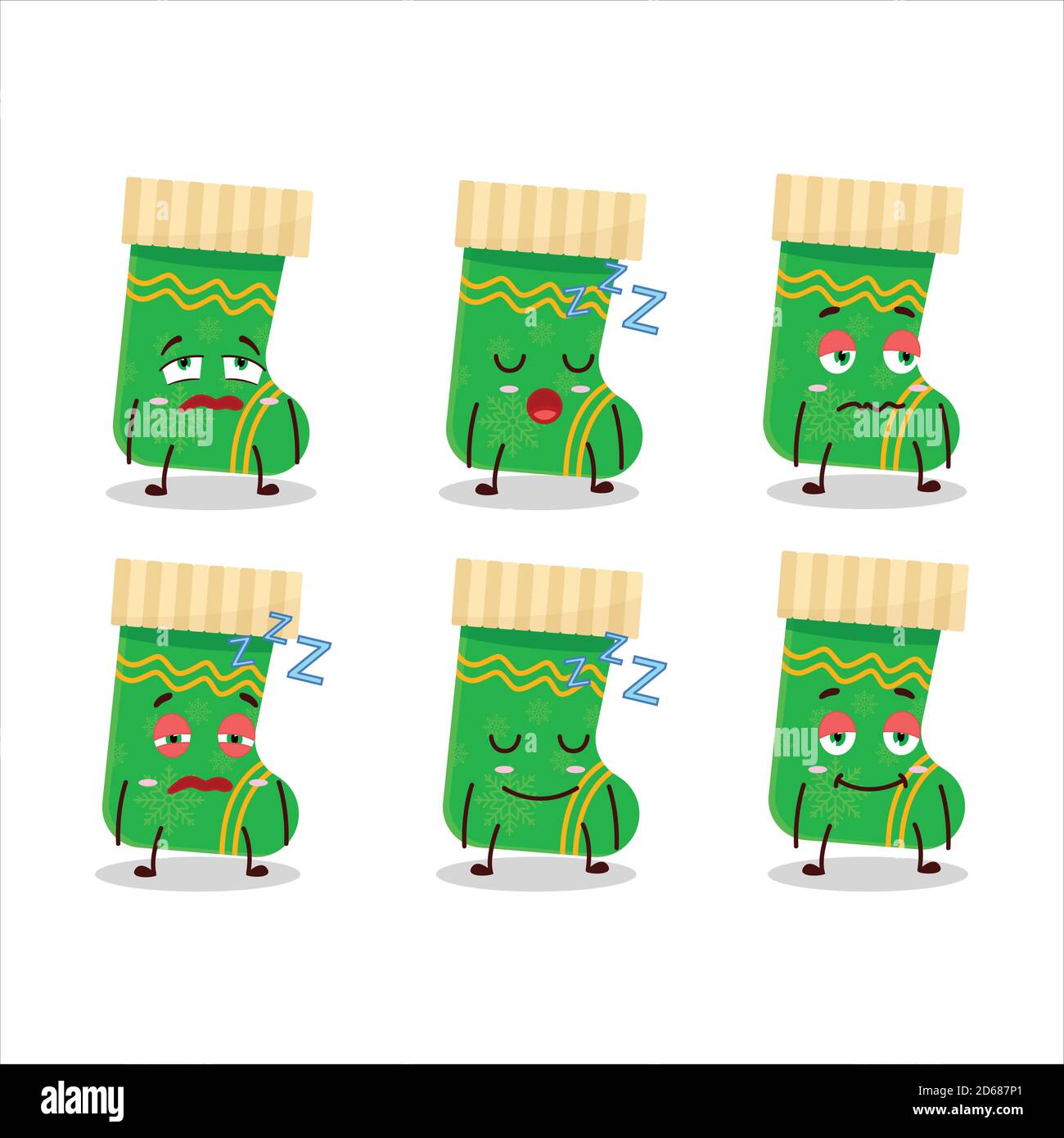Cartoon-Charakter der grünen weihnachts-Socken mit schläfrigen Ausdruck Stock Vektor