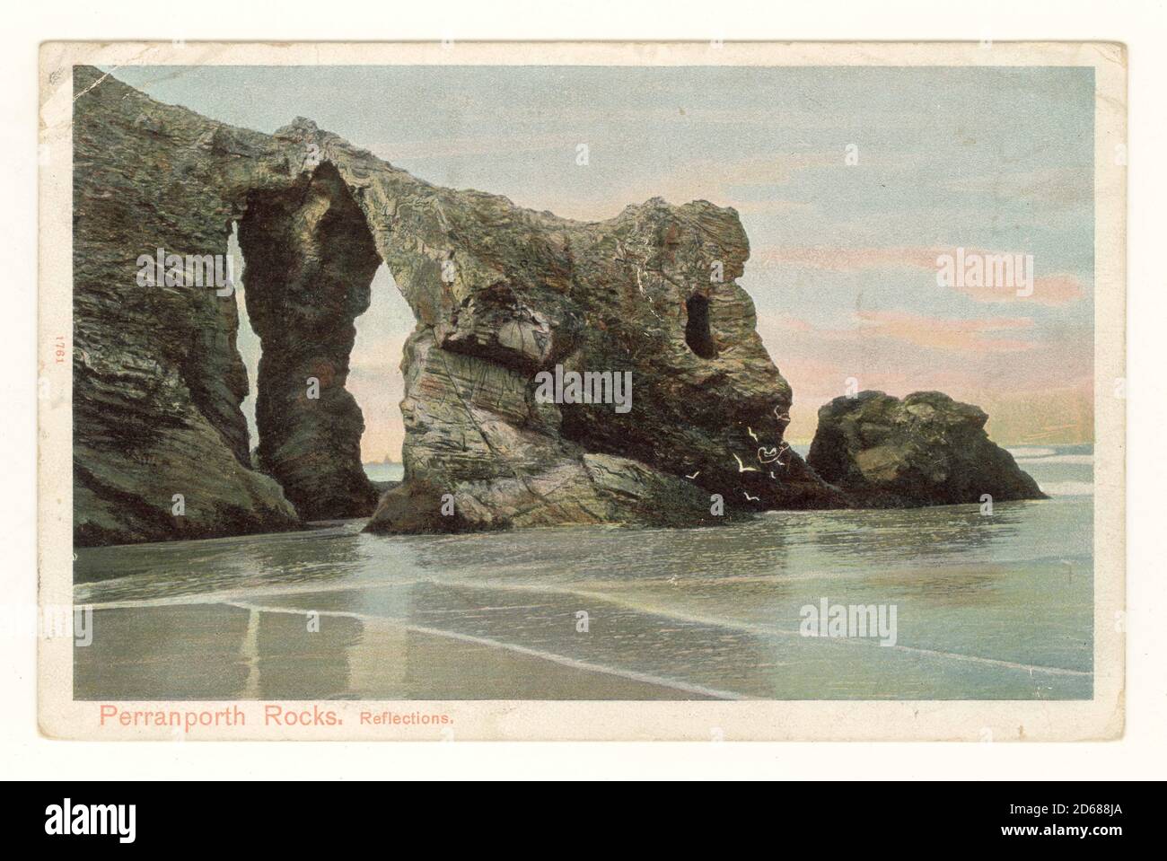 Anfang des 20. Jahrhunderts getönte Postkarte von Retreat Rocks mit dem Titel 'Perranporth Rocks, Reflections' 1908, Perranporth, Cornwall, England, Großbritannien Stockfoto