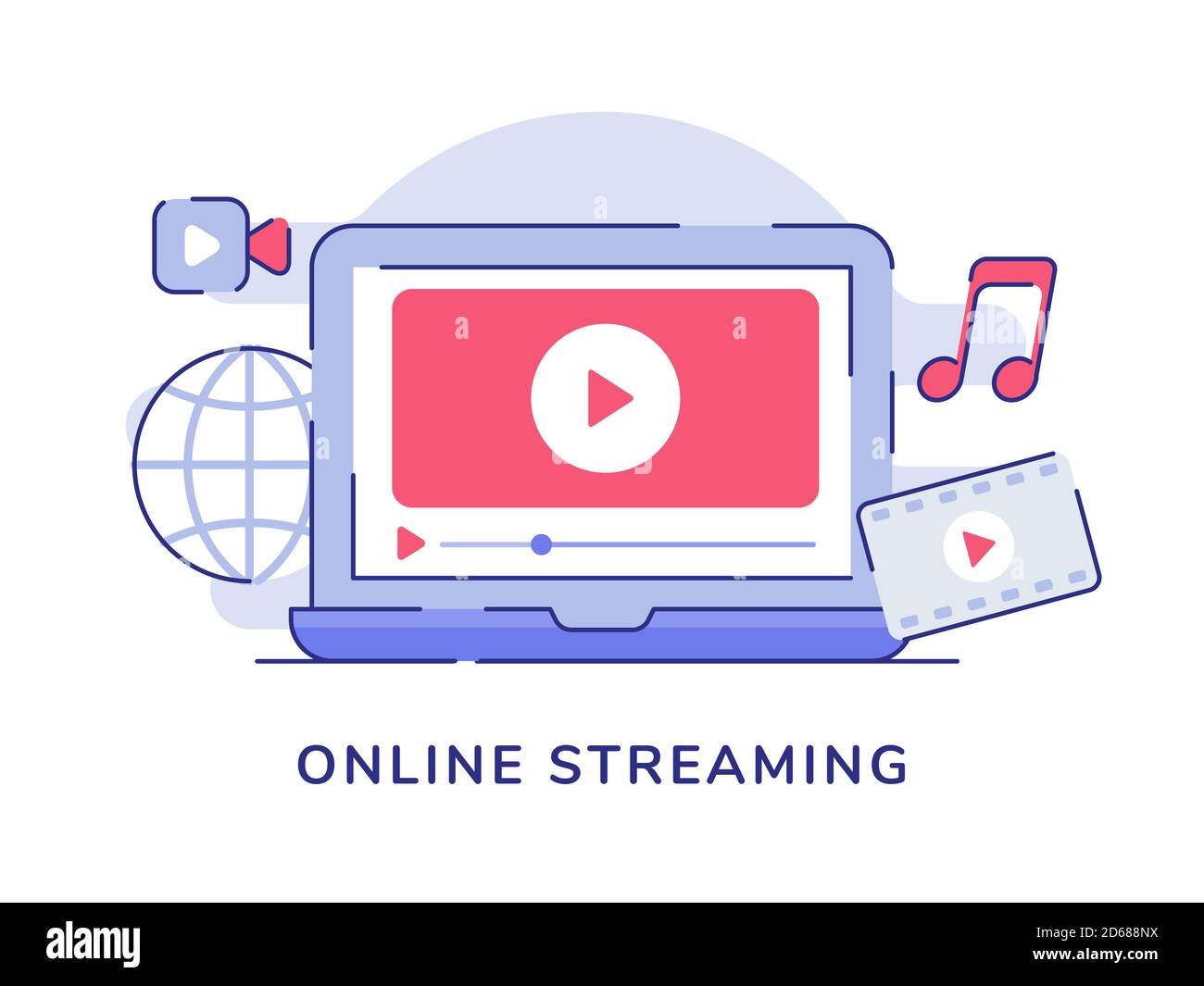 Online-Streaming-Konzept Video Wiedergabe von Filmmusik auf Display-Laptop Weißer isolierter Hintergrund mit flacher Umrandung Stock Vektor