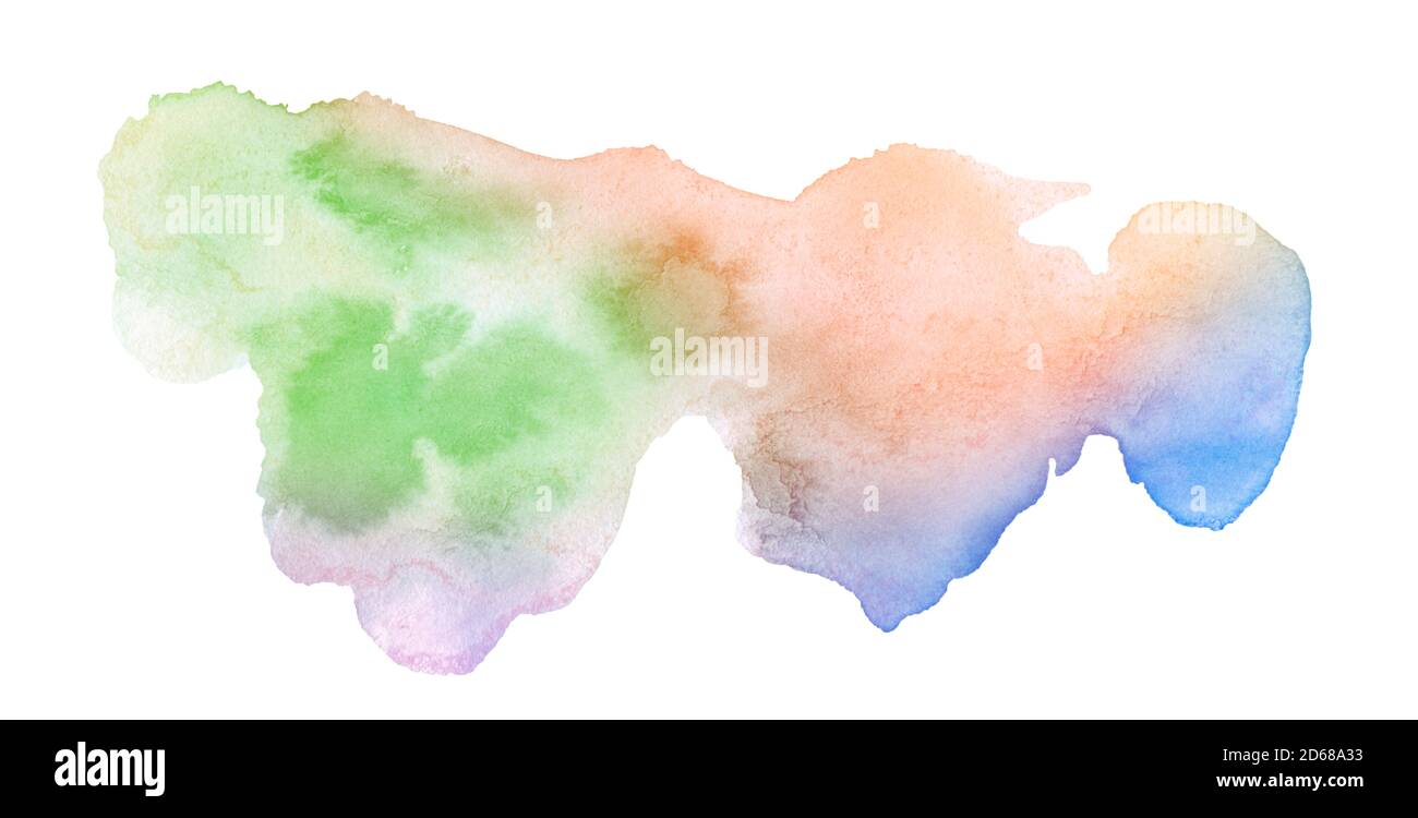 Bunte Aquarellflecken in Pastellfarben mit Naturflecken auf Papierbasis. Isolierter Rahmen für Design von Hand mit Pinsel gezeichnet. Stockfoto