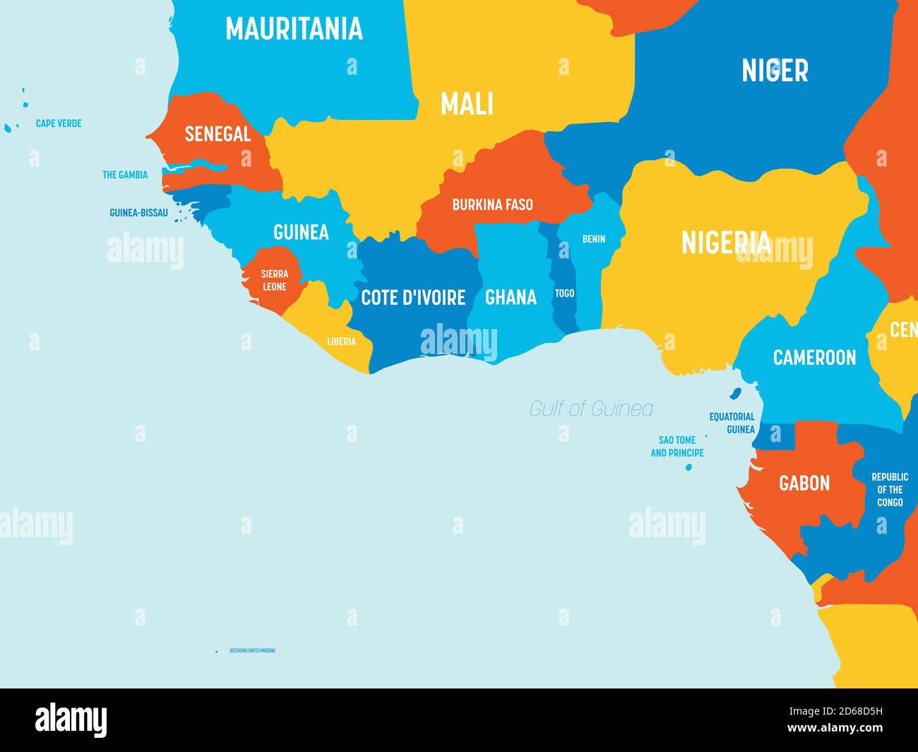 Karte Westafrika - 4 helle Farbtöne. Hoch detaillierte politische Karte von westafrika und Bucht von Guinea Region mit Land, Meer und Meer Namen Kennzeichnung. Stock Vektor