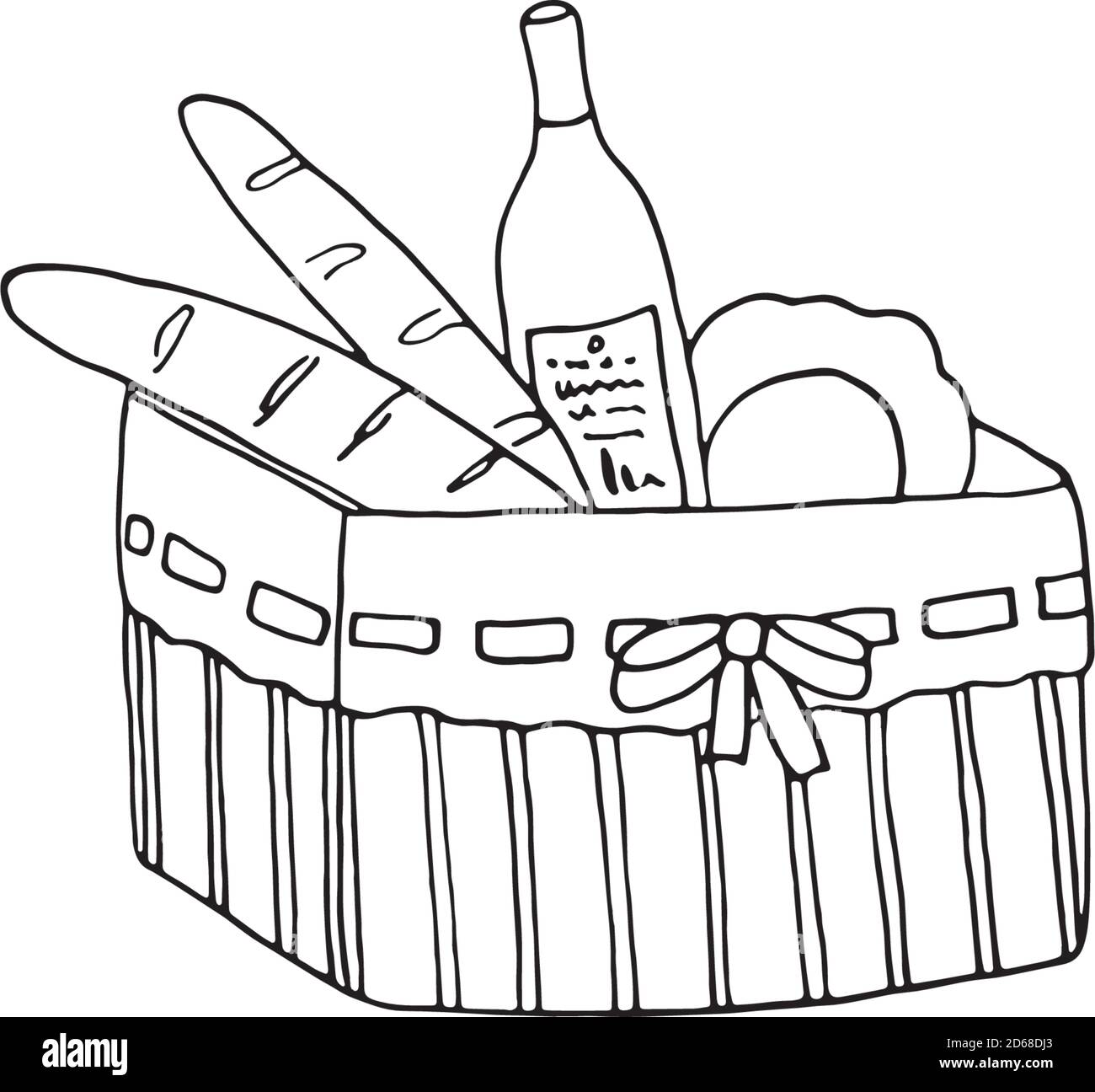 Handgezeichneter Vektor einfache Konturdarstellung, Korb mit Brot und Wein, Symbol des Sommers, Picknick und Französisch Provence Stock Vektor