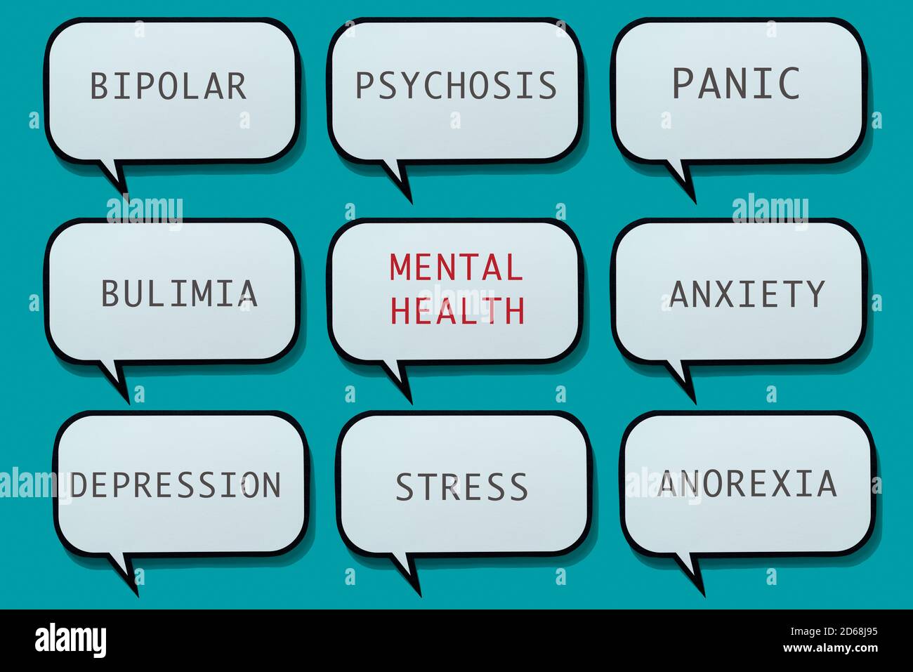 Der Name einiger psychischer Erkrankungen und Störungen in verschiedenen Sprechblasen auf blauem Hintergrund, für das Bewusstsein für die Bedeutung der richtigen Diagnose Stockfoto