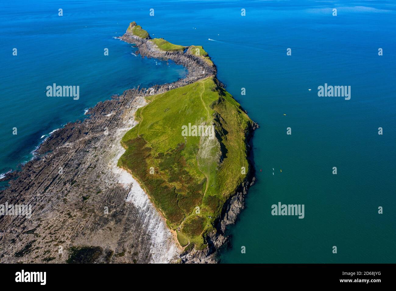 Luftaufnahme des Worms Head in Rhossili Bay, Gower, Wales. Stockfoto