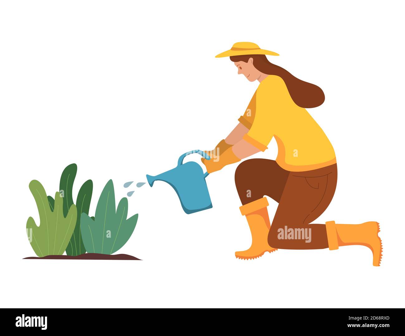 Frau wässert Pflanzen aus einer Gießkanne.Landwirtschaft Gärtner Hobby. Stock Vektor