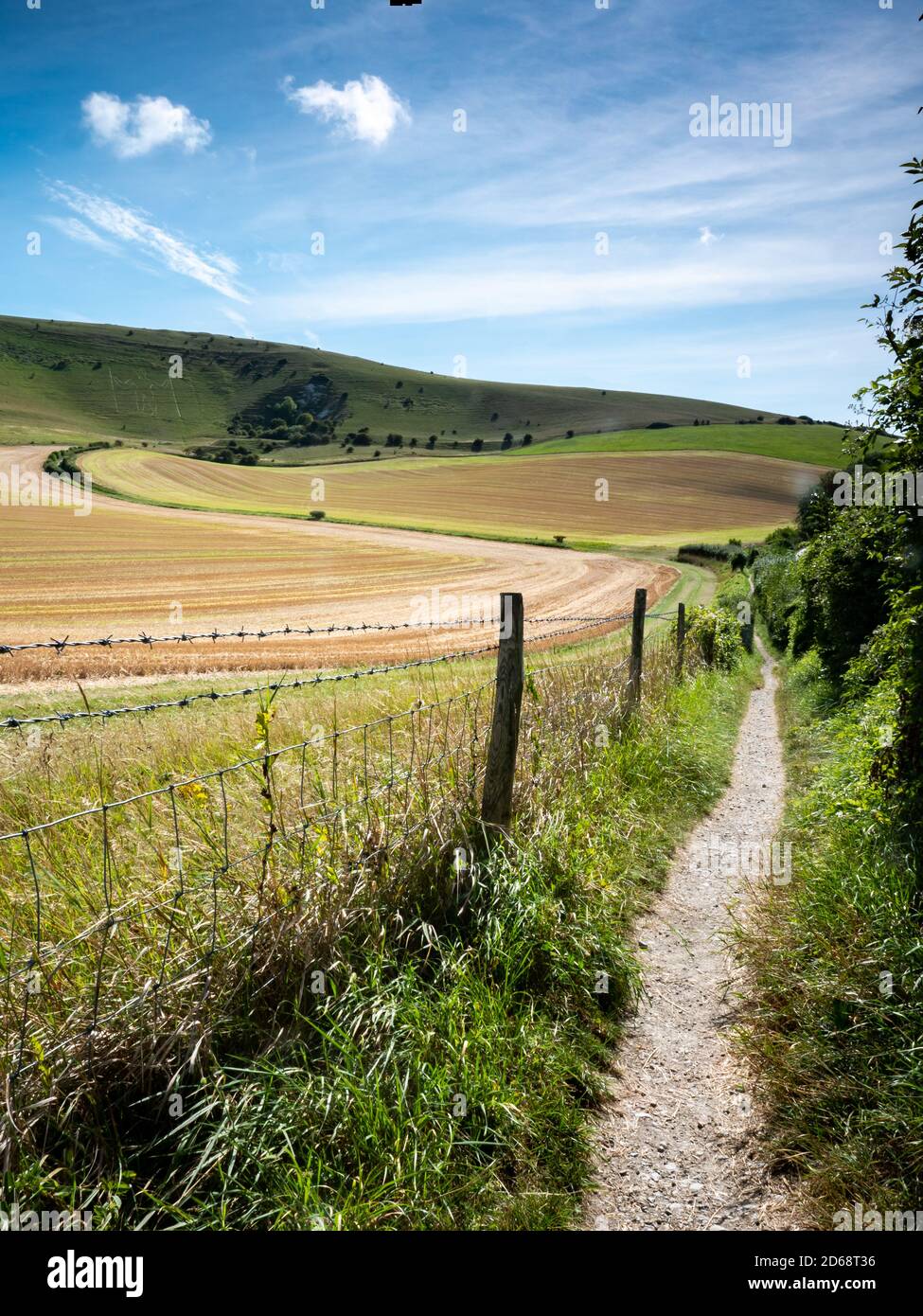 The South Downs und Long man of Wilmington, Sussex, England. Ein ländlicher Fußweg, der zu einem englischen Sommerblick auf die Landschaft führt, mit einer charakteristischen Hügelfigur. Stockfoto