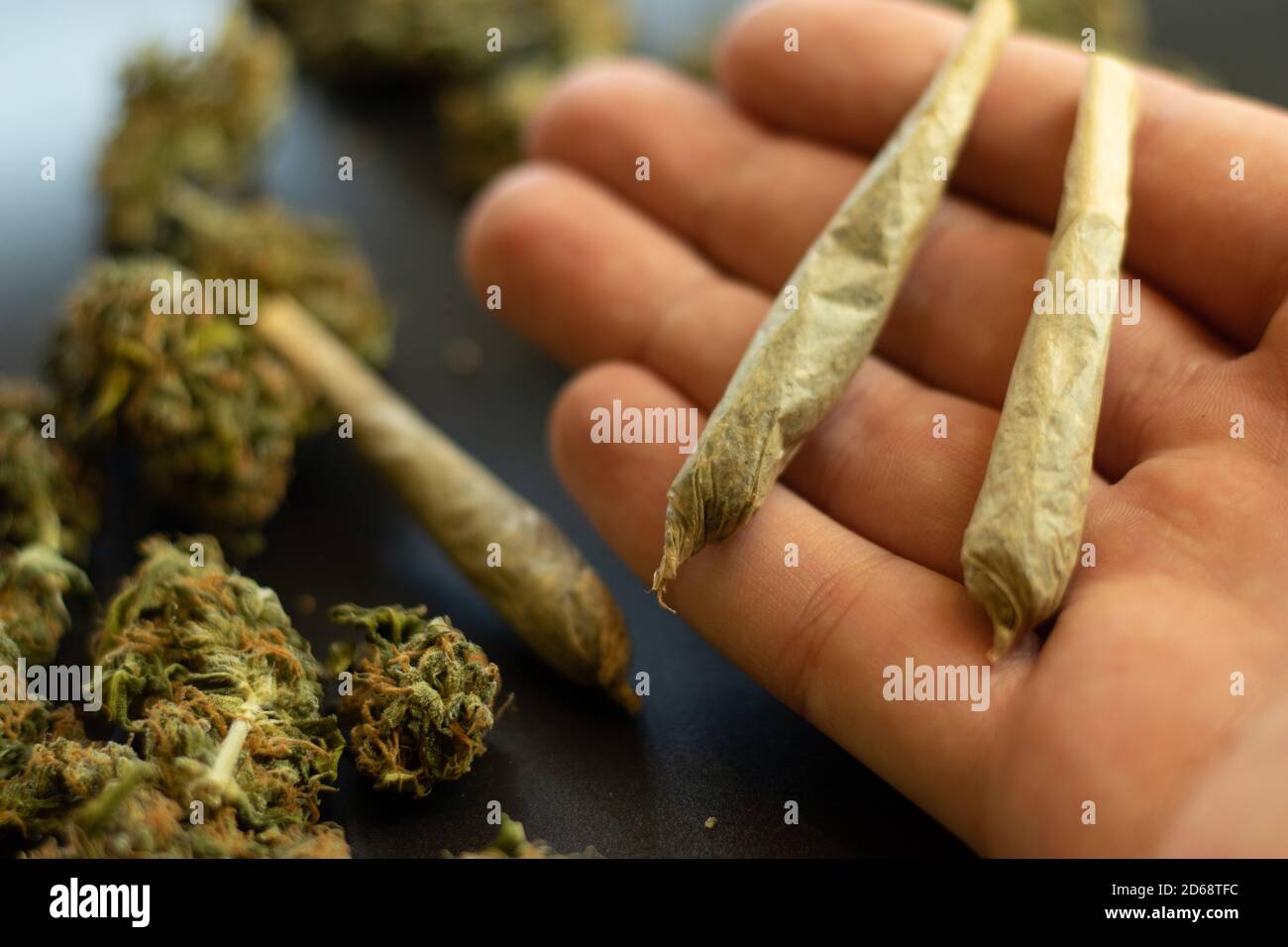 Kegel Cannabis Gelenke Nahaufnahme auf Handfläche, verschwommener Hintergrund mit Marihuana Knospen. Unkraut Freizeit oder medizinische Drogenkonsum. THC-Rauchen Stockfoto