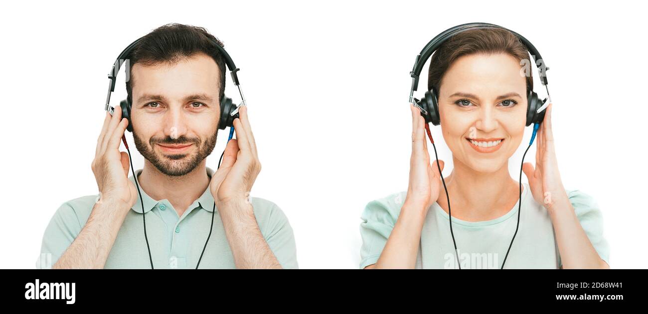 Hörtest, Audiometrie. Mann und Frau tragen Kopfhörer bekommen Hördiagnostik, isoliert auf weiß Stockfoto