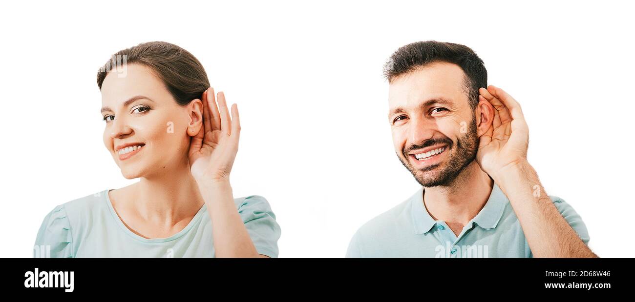 Hördiagnostik. Frau und Mann mit Hörproblemen halten die Handfläche in der Nähe des Ohrs. Taubheitskonzept Stockfoto