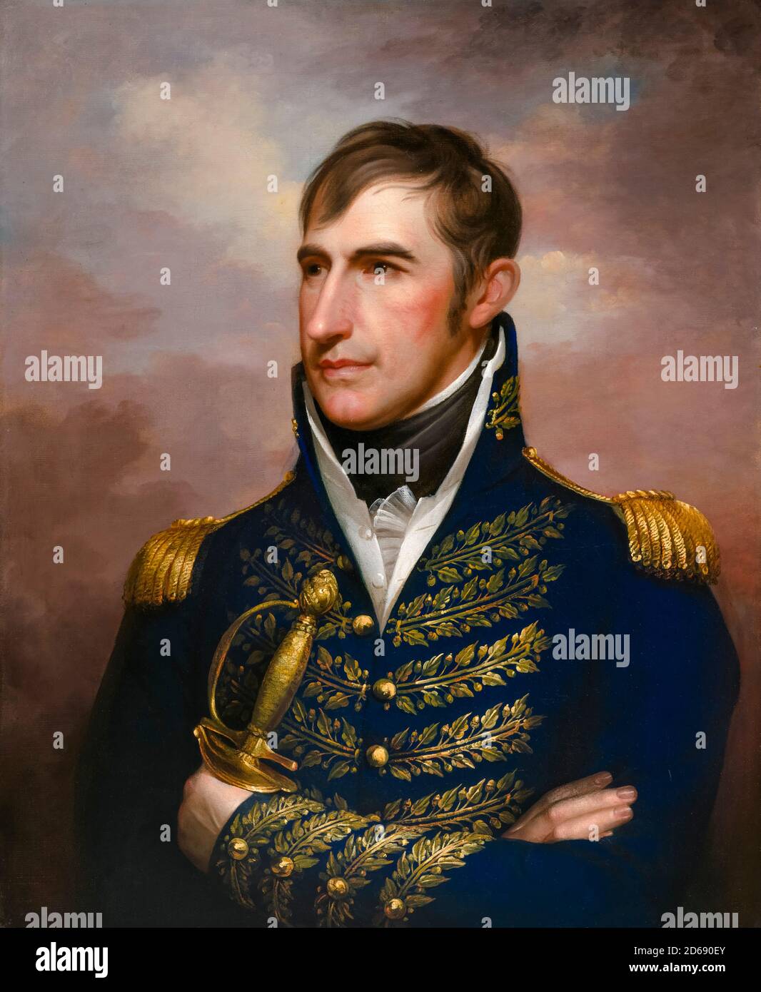 William Henry Harrison (1773-1841), amerikanischer Militäroffizier und Politiker, der als neunter Präsident der Vereinigten Staaten diente, Portraitmalerei in Militäruniform von Rembrandt Peale, um 1813 Stockfoto