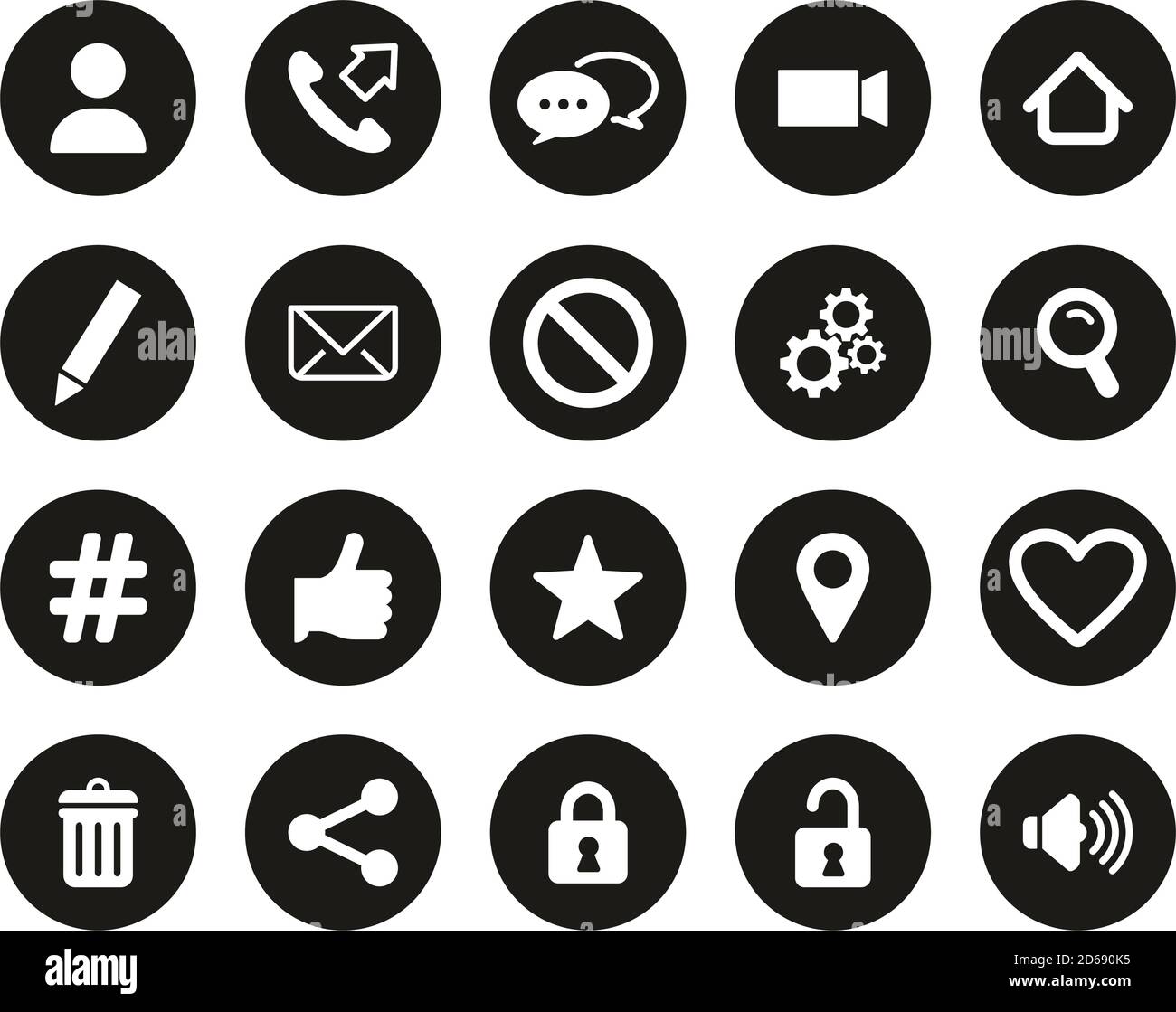 Kontakt Menü Symbole Weiß Auf Schwarz Flat Design Kreis Set Groß Stock Vektor