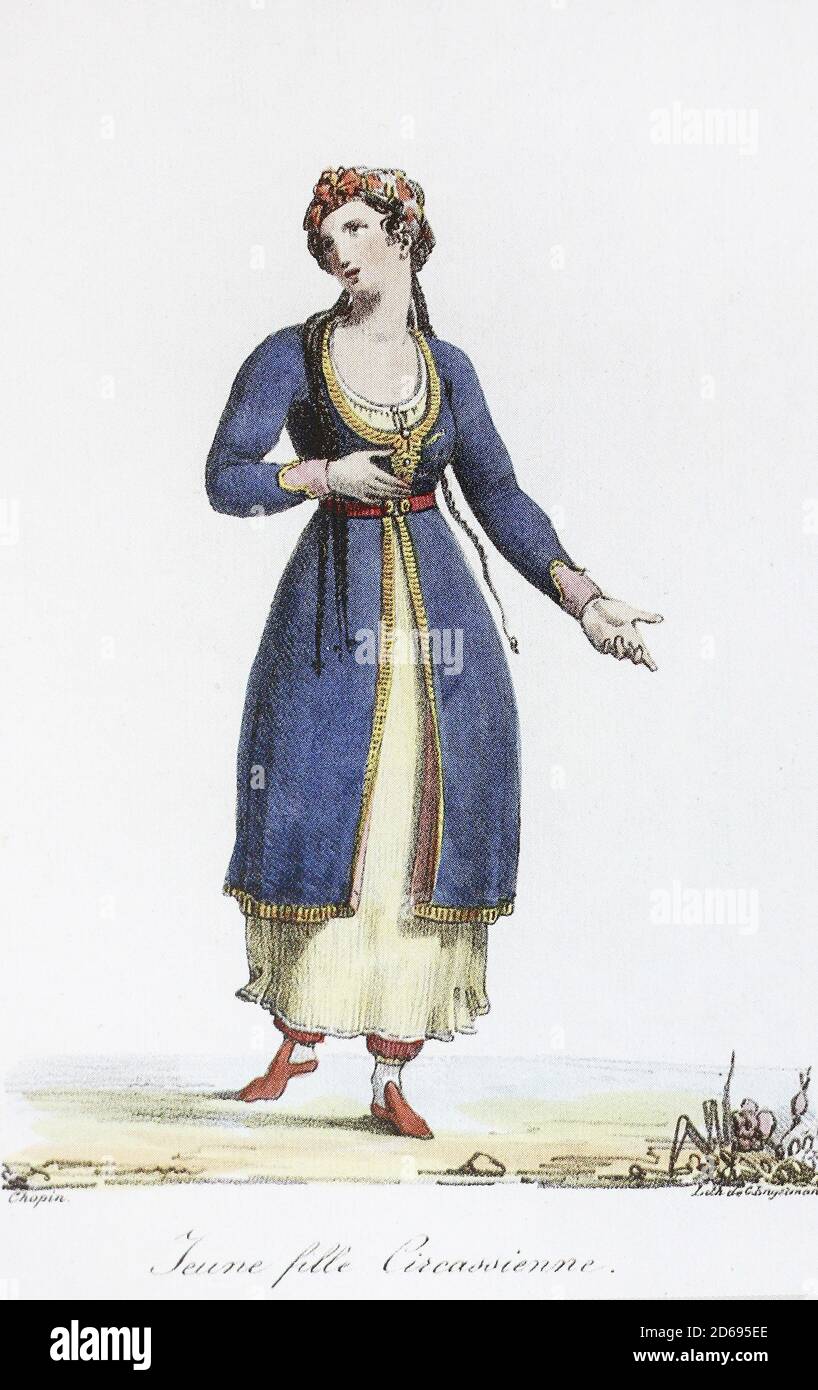 Junge Tscherkessin. Lithographie der 1820er Jahre. Stockfoto