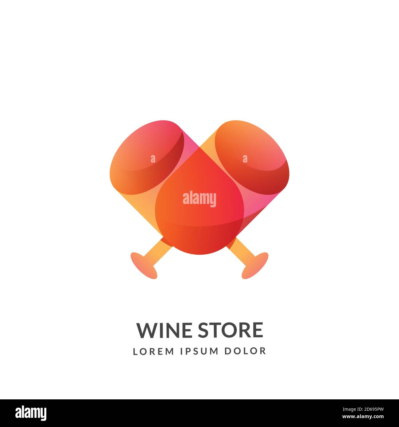 Zwei Rotweingläser machen abstrakte Herzform. Weinhandlung Vektor Logo Zeichen oder Emblem Design-Vorlage, isoliert auf weißem Hintergrund. Weingut oder Bar con Stock Vektor